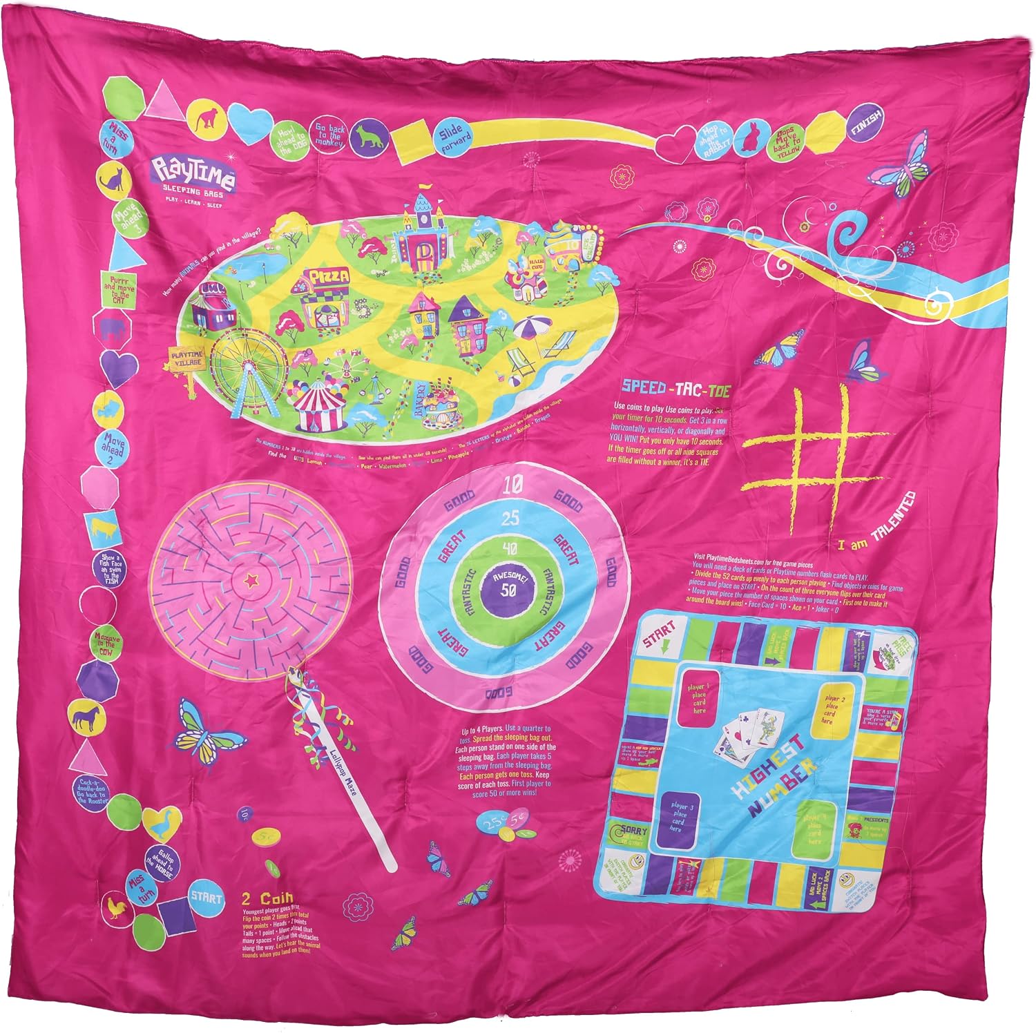 Playtime Reversible Super Fun All in 1 Slumber Bag, Play Mat and Bed Cover. Over 35 Fun Games & Puzzles. Ultra-Soft 100% Cotton - Boys & Girls up to 5’10”