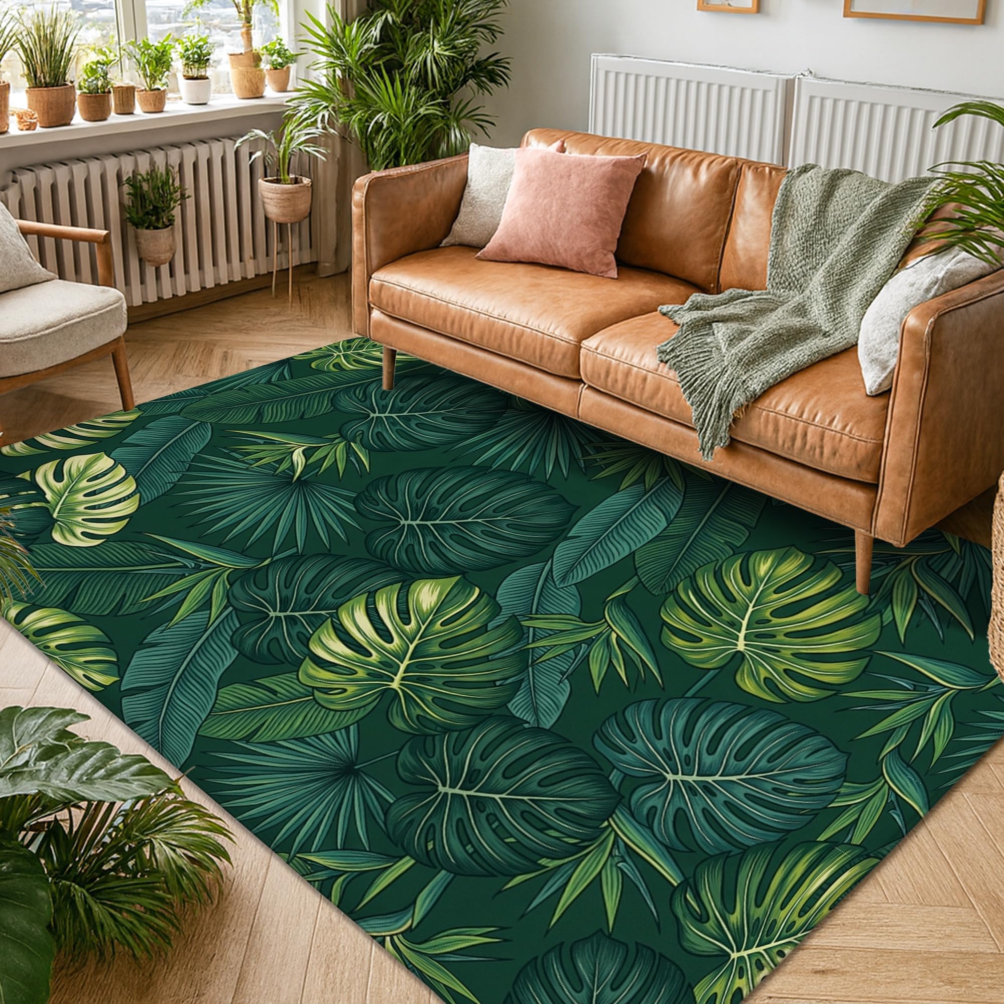 Monstera Tapis rectangulaire doux antidérapant et résistant aux taches pour salon, chambre à coucher, salle de classe, dortoir, 1,5 x 2,1 m, vert foncé
