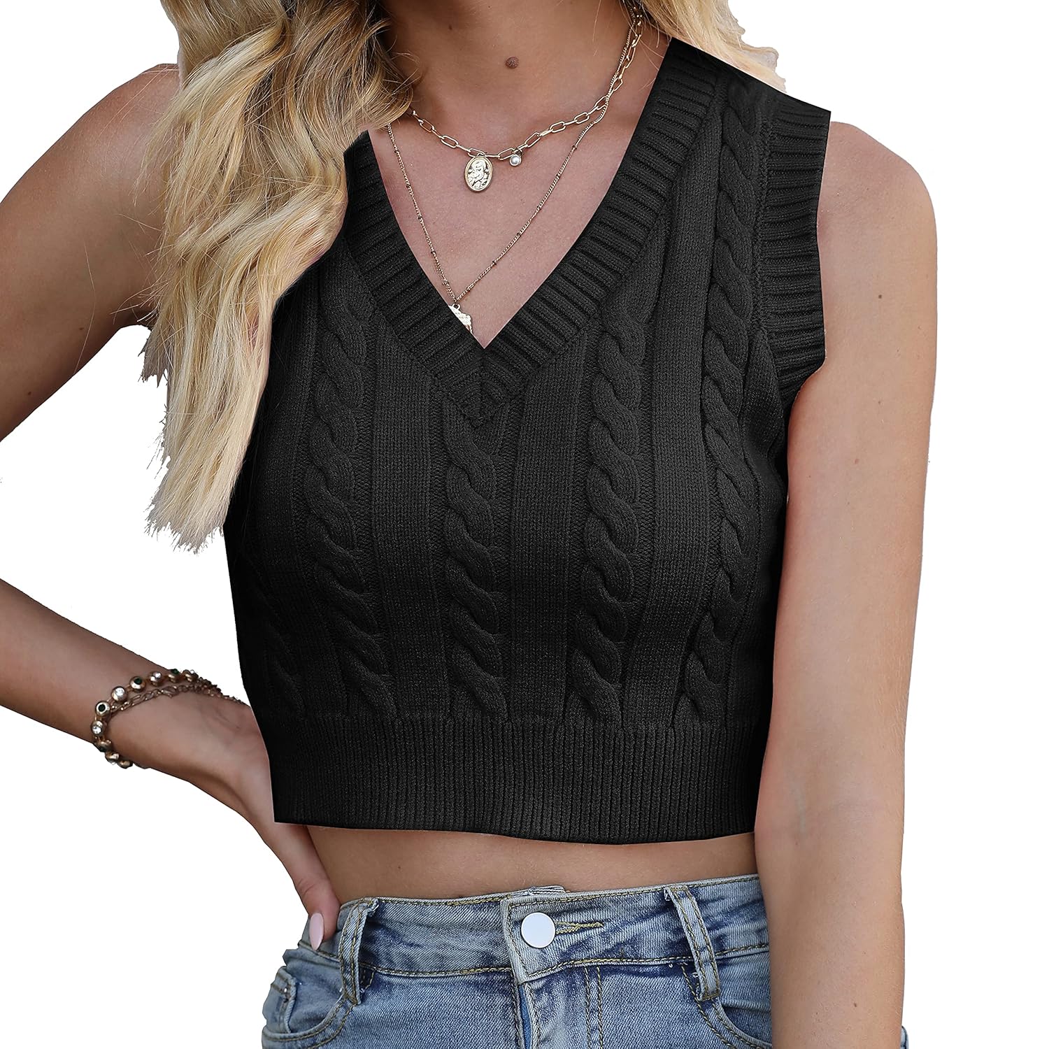 Womens V-Neck Knit Sweater Vest Solid Color Sleeveless Crop Knit Vest Sweaters