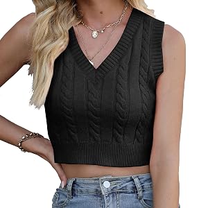 Womens V-Neck Knit Sweater Vest Solid Color Sleeveless Crop Knit Vest Sweaters