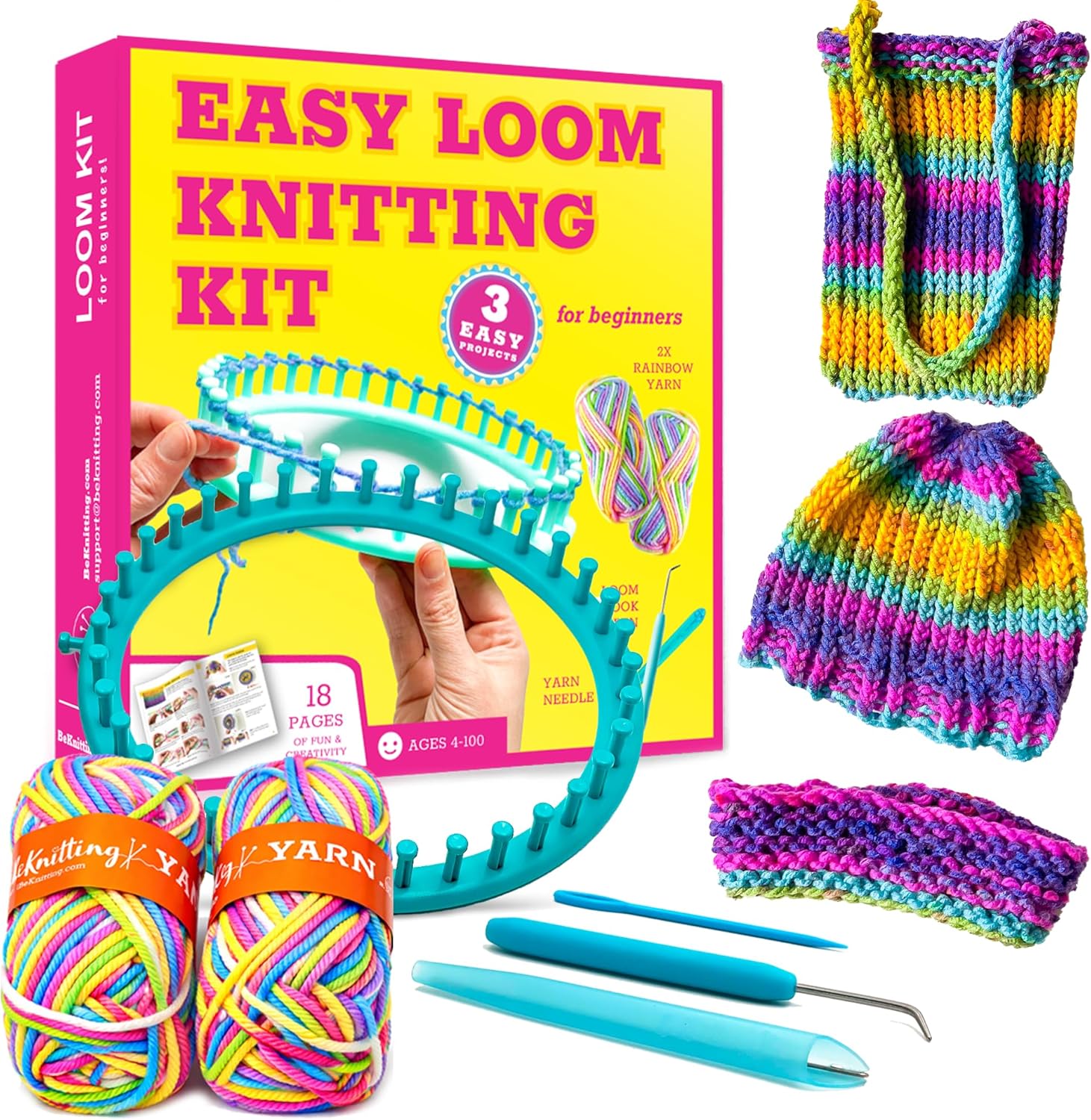 BeKnitting Loom Kit - Beginner Learn to Knit Hat, Bag and Headband for Kids & Adults | DIY Arts & Crafts w/Round Loom, Yarn, Crochet Hook, & Pen | Weaving | Holiday Gifts, Gift-Ready Box
