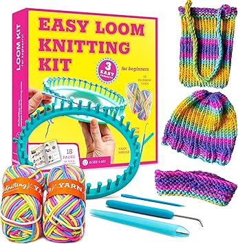 BeKnitting Loom Kit - Beginner Learn to Knit Hat, Bag and Headband for Kids & Adults | DIY Arts & Crafts w/Round Loom, Yarn, Crochet Hook, Pen | Weaving | Holiday Gifts, Gift-Ready Box