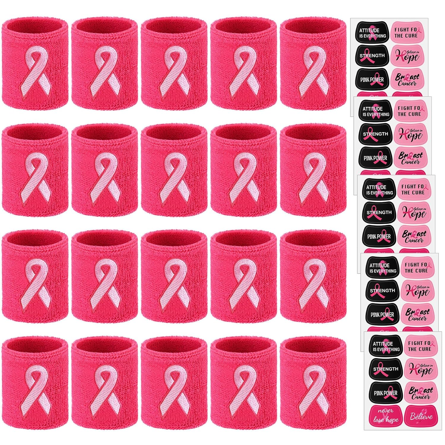 Liliful 20 Pcs Breast Cancer Awareness Wristbands with 40 Pcs Stickers Pink Ribbon Sweatbands Football Baseball Wristband for Women Men Sports Gymnastics Public Event Gift Accessories(Rose Red)