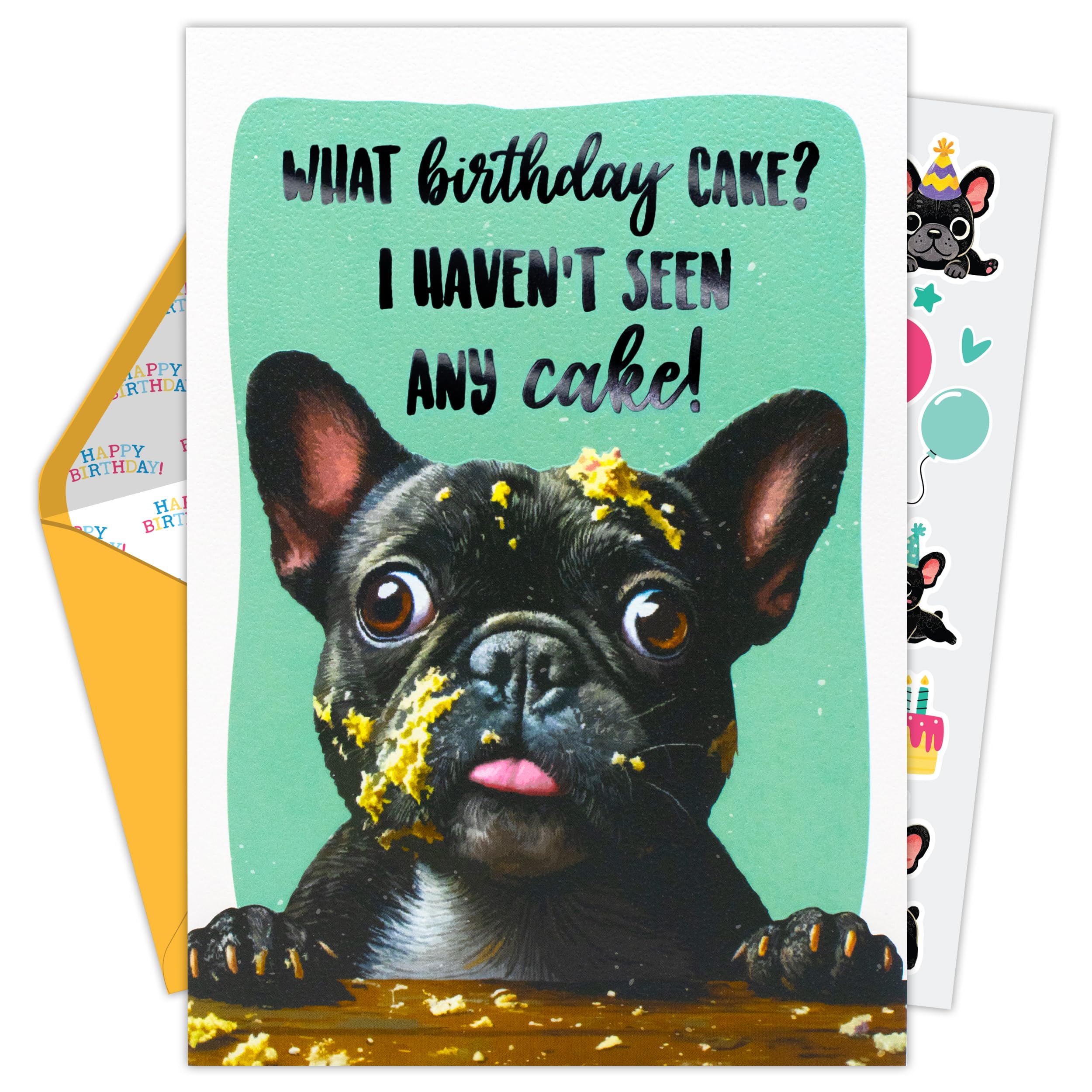 Decorably 5x7in Individual Humorous Dog Birthday Card with Embossed Design, French Bulldog Birthday Card from Dog Set with Envelope and Stickers, with