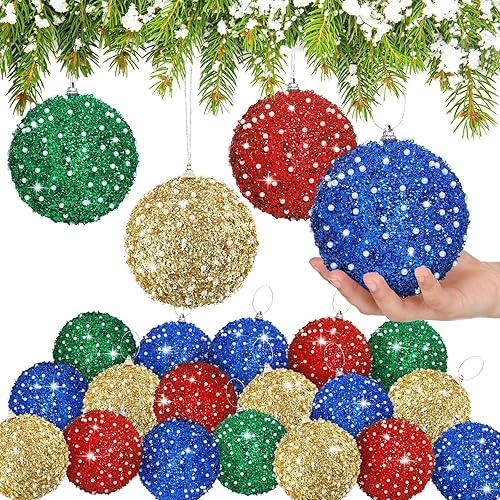 Vista 132 de Lyrow Juego de 24 adornos de bolas de Navidad con purpurina de 4 pulgadas, bolas de Navidad a granel, adornos colgantes de espuma de lentejuelas