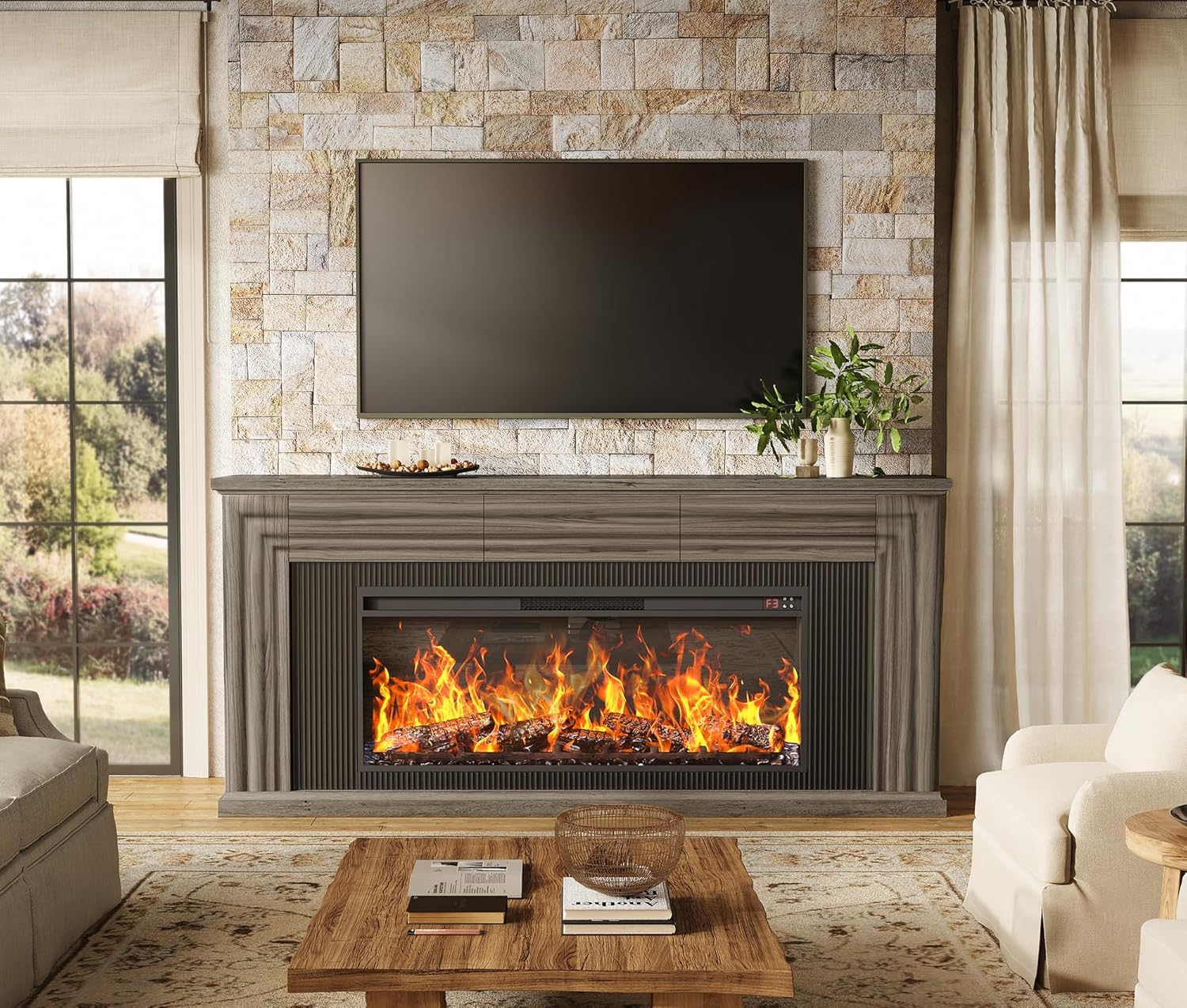 PRAISUN 70'' Fireplace TV Stand with 42'' Electric Fireplace, Farmhouse TV Stand for 65 75 Inch TV, Entertainment Center TV Console with 3 Drawers, Fluted Design, for Living Room, Gray Oak Grey Oak