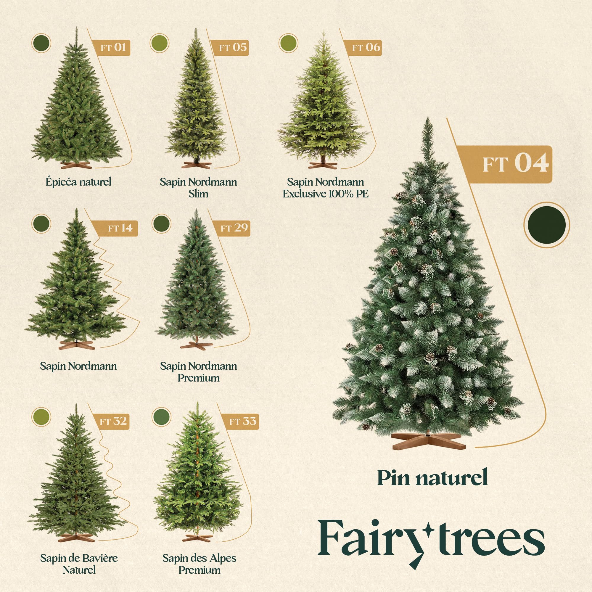 FairyTrees Sapin de Noël Artificiel 180cm | Arbre de Noël avec Support en Bois | PIN ENNEIGÉ Blanc Naturel | Made in EU