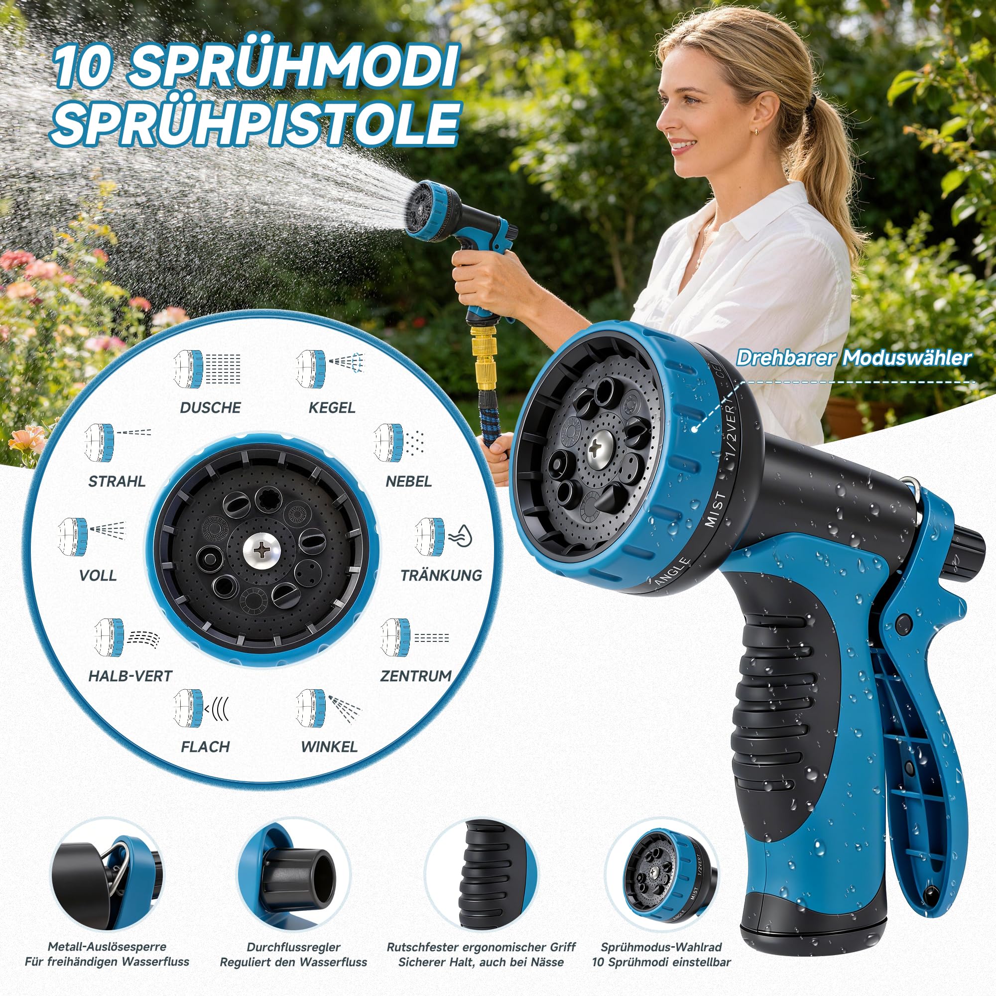 Flexibler Gartenschlauch 22,5 m (75 ft) mit 10-Funktions-Gartenbrause, 3/4"- und 1/2"-Anschlüsse, dehnbarer Wasserschlauch, auslaufsicher, knickfrei, für Garten, Autowäsche und Haustierbaden