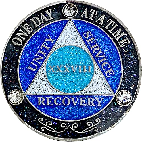 Vista 20 de (años 1-50) AA 17 años de cristales y medallón de purpurina, chapado en color plateado, arco iris negro, purpurina azul y tres cristales