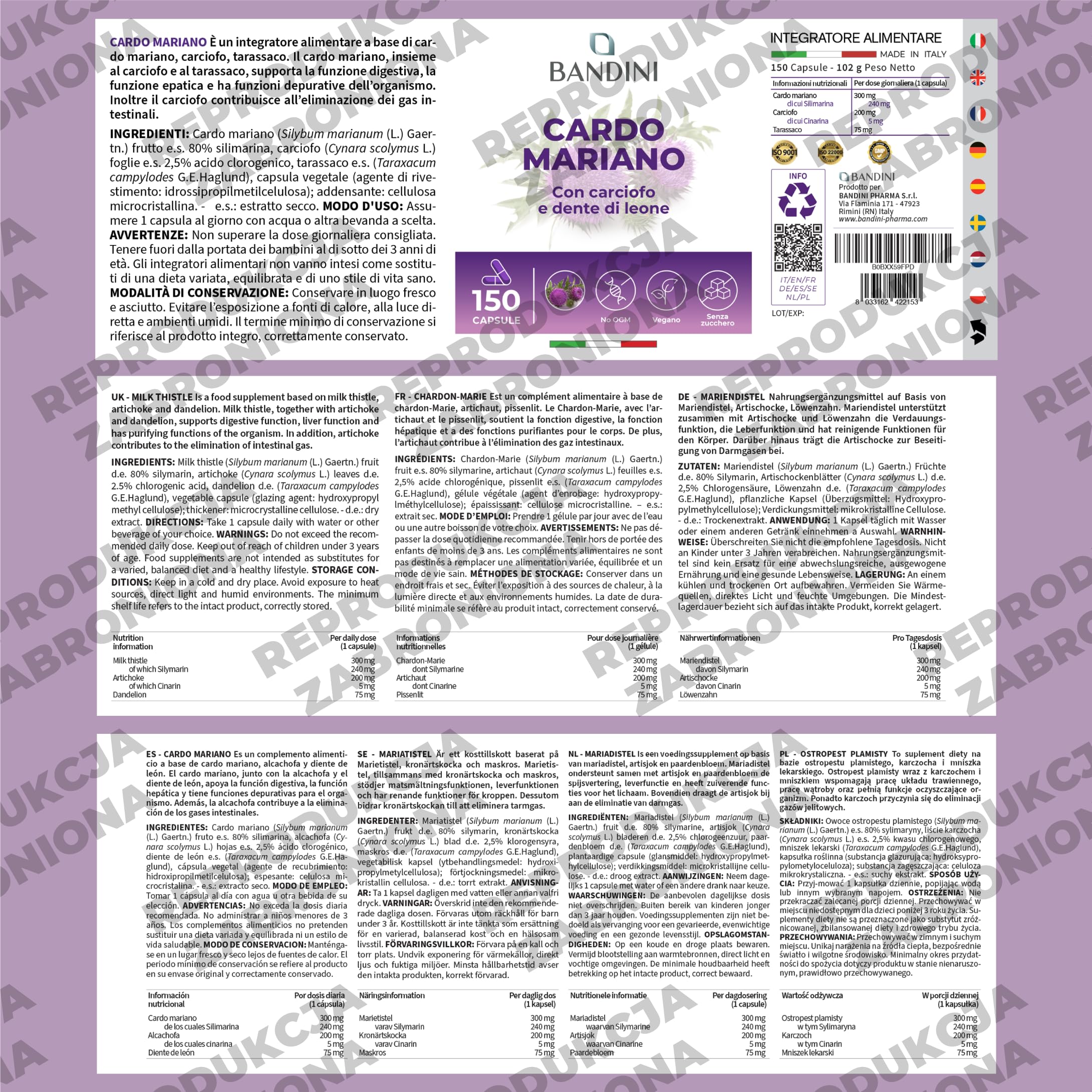 Bandini® Cardo Mariano Complex - karczoch mniszka lekarskiego - 150 kapsułek - wysoko dozowany z 80% sylimaryny - bez stearynianu magnezu, wyprodukowany we Włoszech - Wytwarzane metodą HPLC