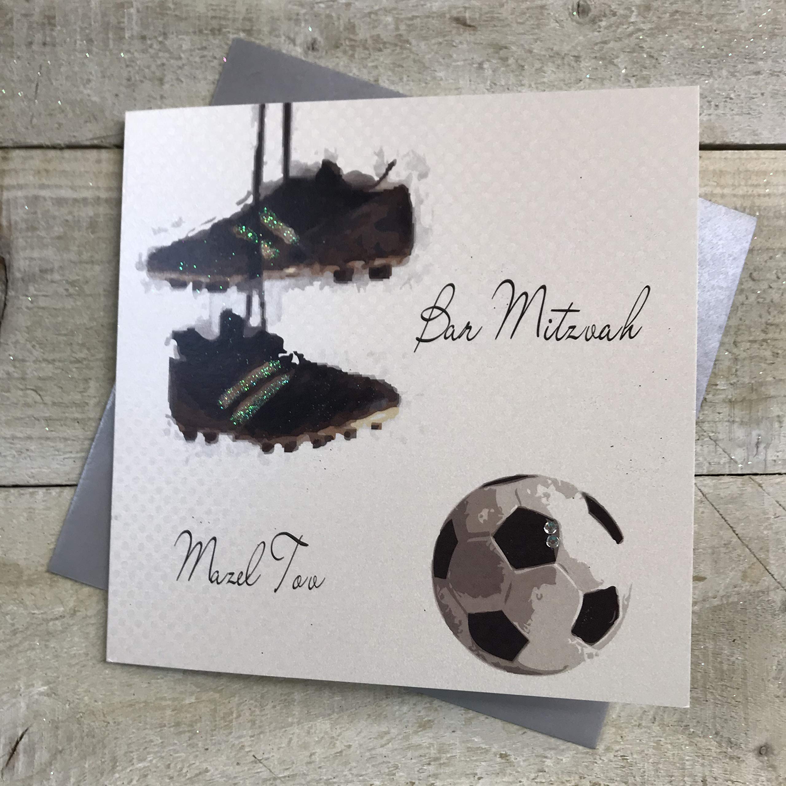 white cotton cards Bar Mitzvah Mazel Tov Boys Handmade Jewish Card, Football and Boots, JE319
