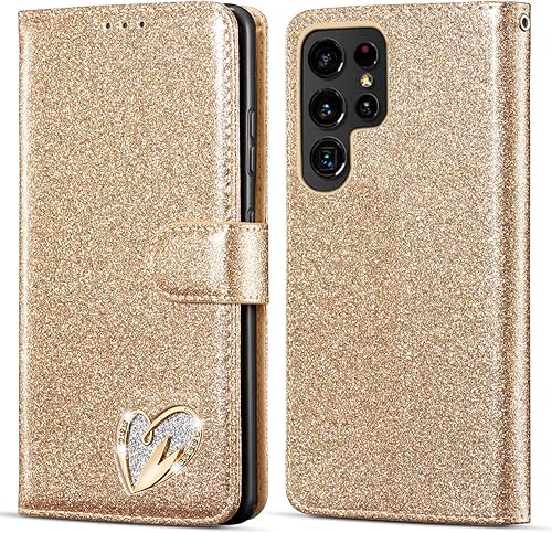 QLTYPRI Funda tipo cartera para Samsung Galaxy S22 Ultra con purpurina brillante con tapa y ranuras para tarjetas, cierre magnético, correa de