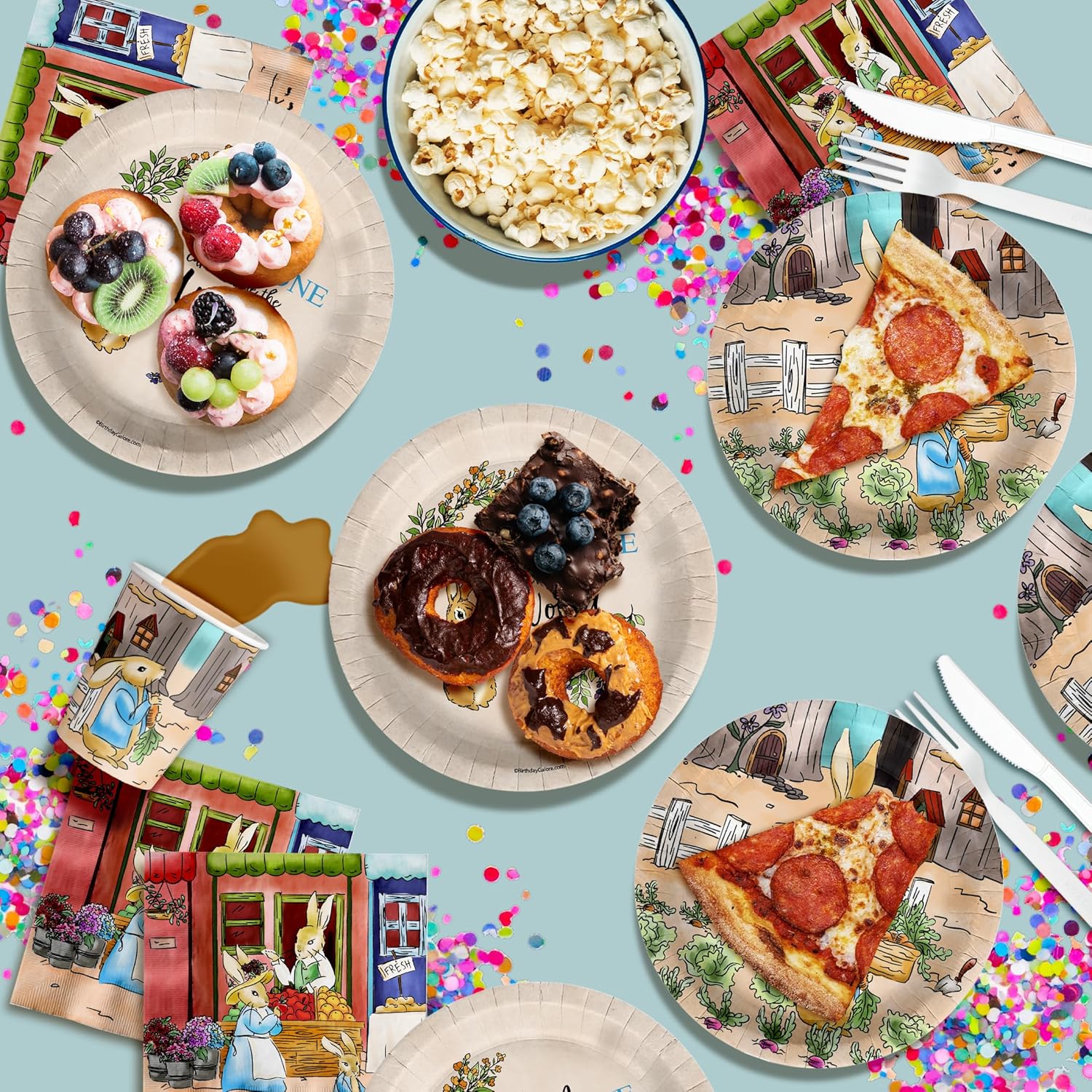 Birthday Galore Peter Rabbit Boy's Baby Shower Party Supplies - 64 Piece Spring Baby Shower Tableware Set Includes Large 9" Dinner Plates and 8" Dessert Paper Plates Napkins Cups - Kit for 16