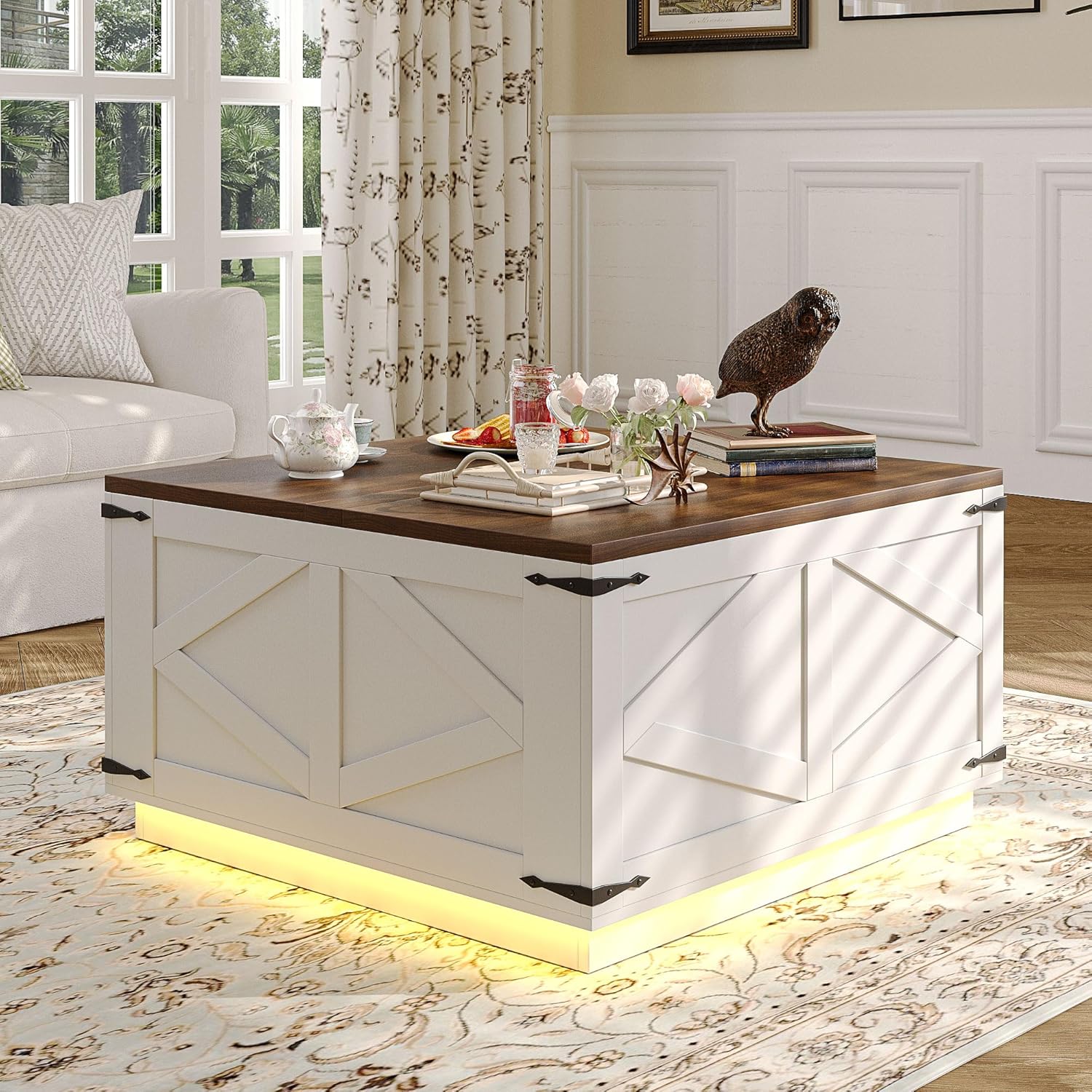 Jocoevol Farmhouse Lift Top Coffee Table, Square Wood Center Table with LED Lighting, USB-C Charging Station, and Hidden Storage Compartment - Rustic White & Oak Living Room Furniture