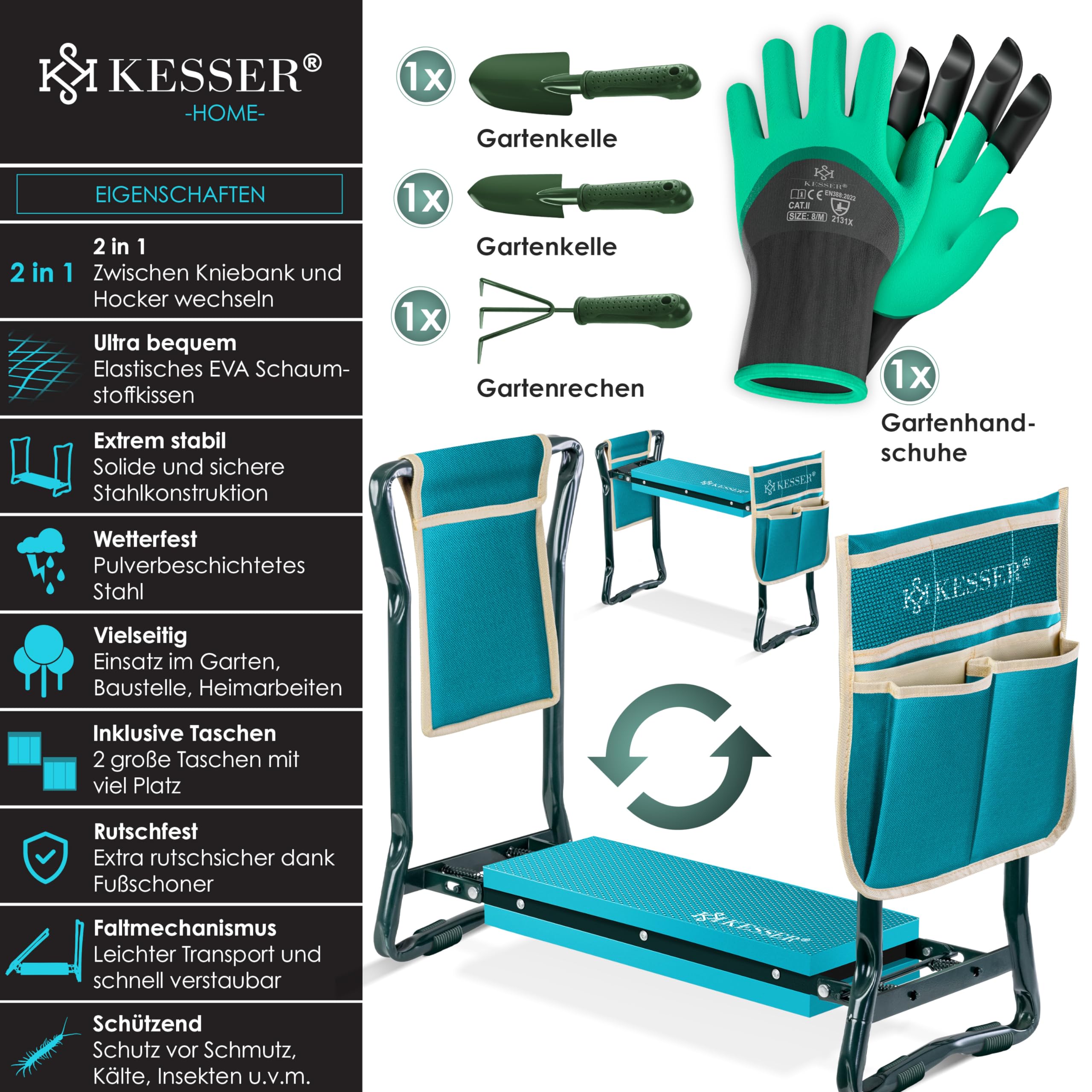 KESSER® 2 en 1 XXL - Banco para Rodillas para Trabajos de jardín, Acolchado de Espuma EVA, Plegable, Incluye 2 Bolsas de Herramientas, 60 x 50 x 27 cm, hasta 150 kg, Azul/Beige