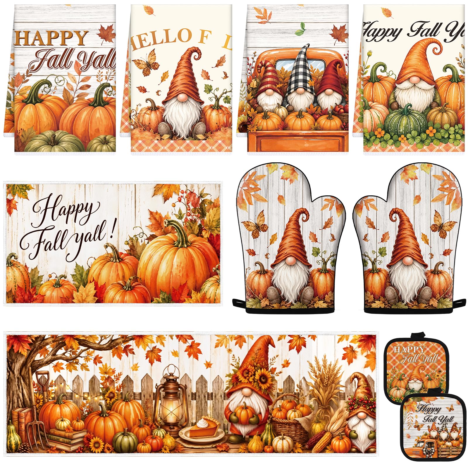 Alfombrillas de cocina de calabaza otoñal antideslizantes con toallas y guantes térmicos