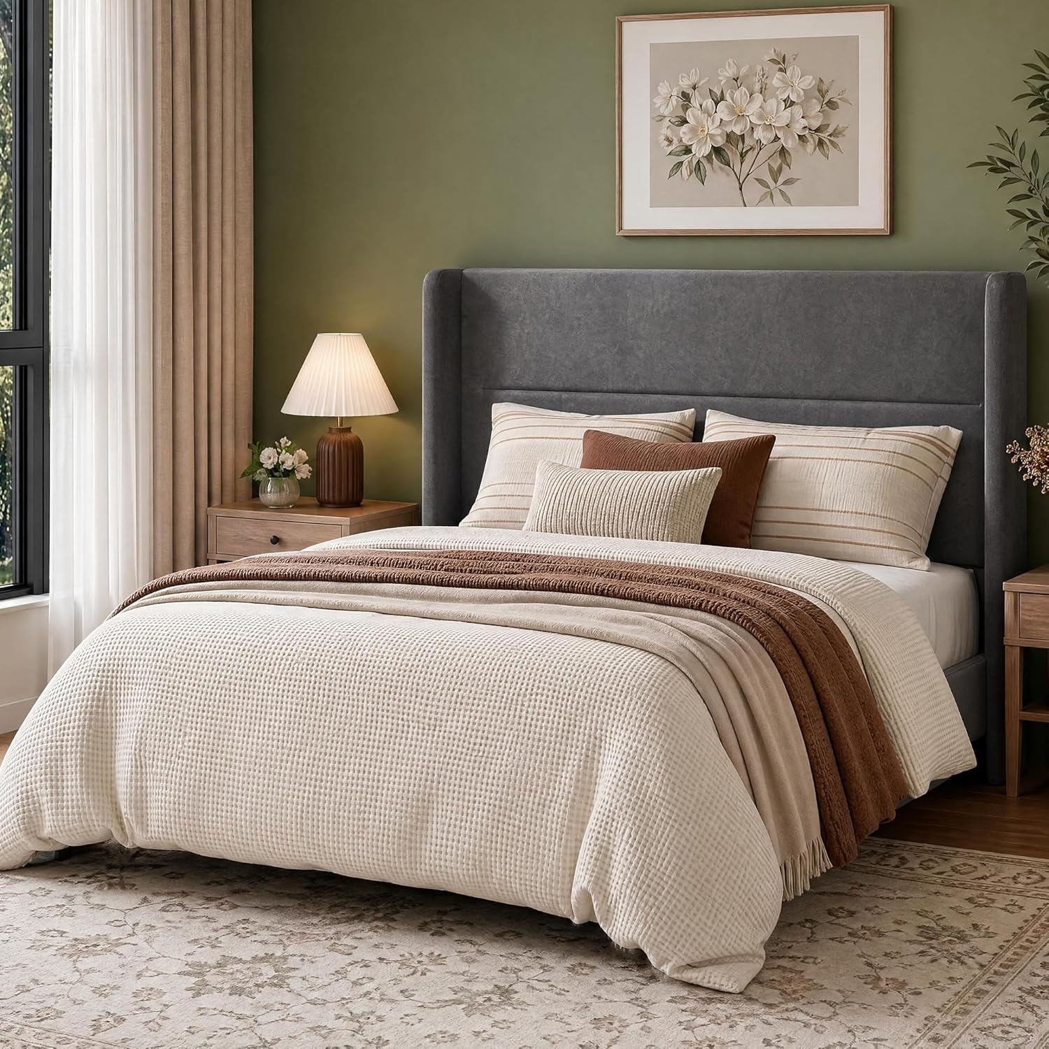 Garvee Queen Size Bed Frame with Wingback Headboard, Velvet Upholstered Platform Bedframe with Wood Slats, No Box Spring Needed, Easy Assembly, Beige