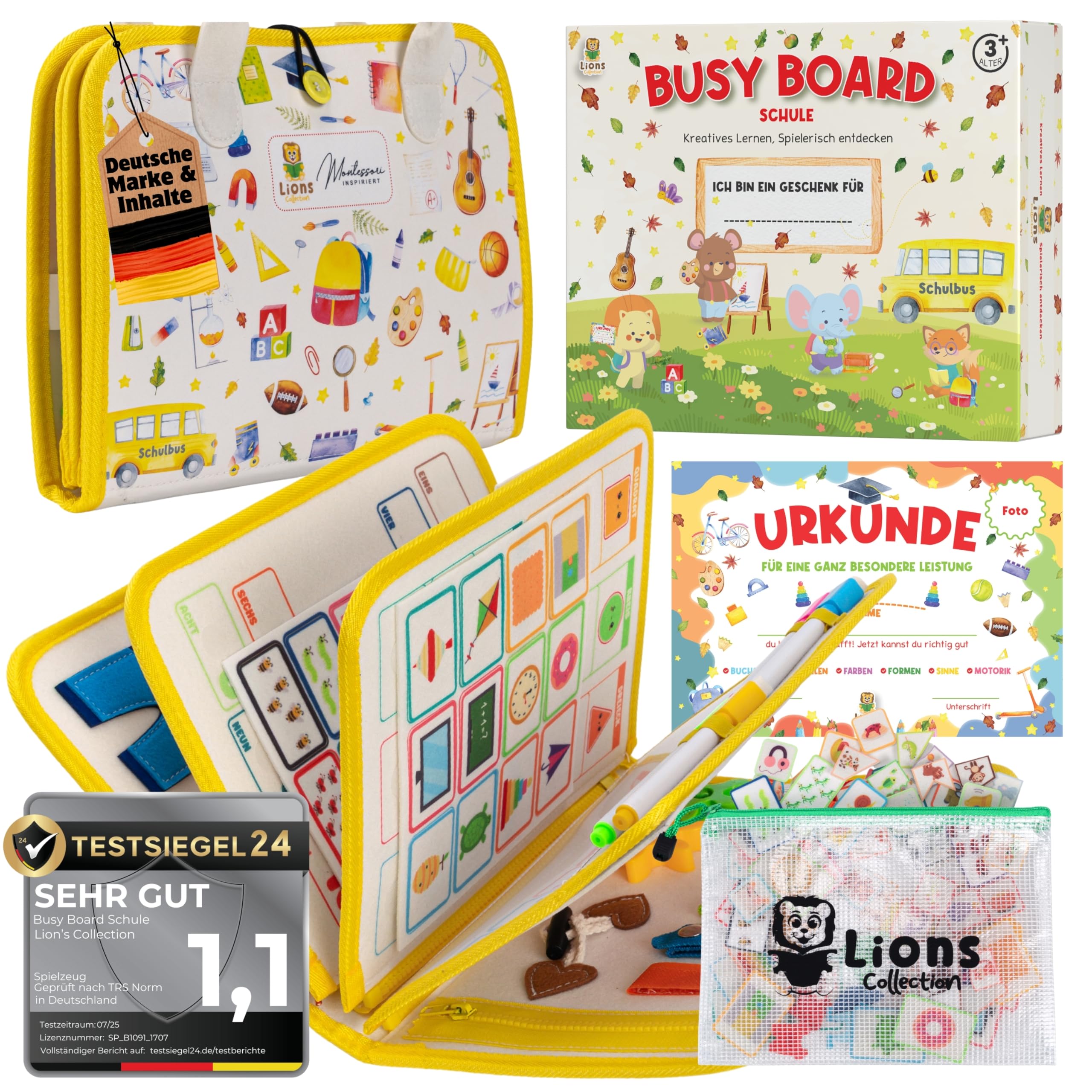 Lion’s Collection Montessori Busy Board Deutsch ab 3 Jahre – Busy Book & Activity Board für Kinder – Motorikbuch & Lernbuch – Reisespielzeug für Auto, Zug & Flugzeug