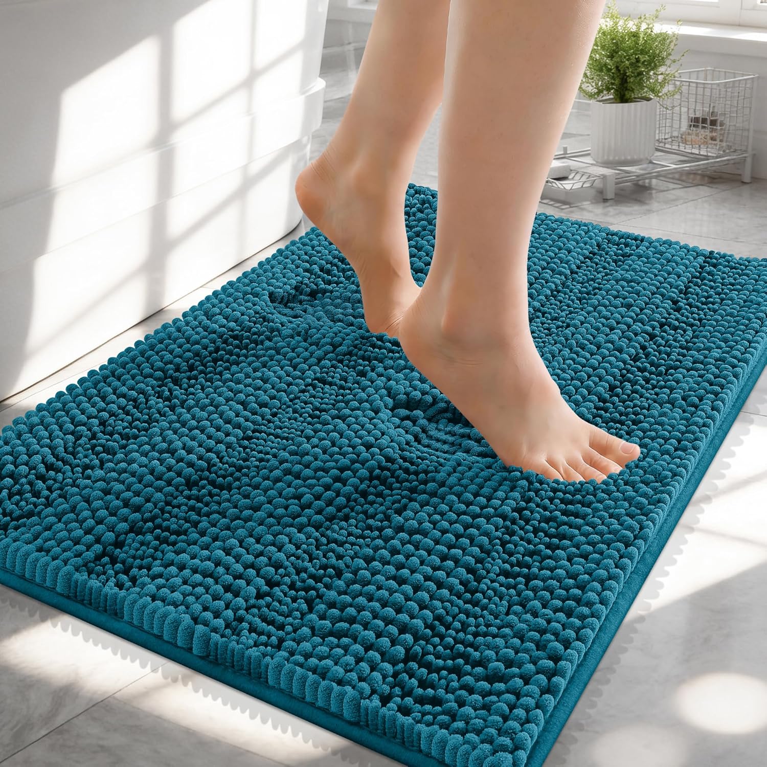 OLANLY Thick Bathroom Rugs 24x16, Extra Soft Absorbent Chenille Striped Bath Rugs, Rubber Backing, Machine Wash Dry, Bath Mats for Bathroom Floor, Tub and Shower, Home Decor Accessories, Peacock Blue