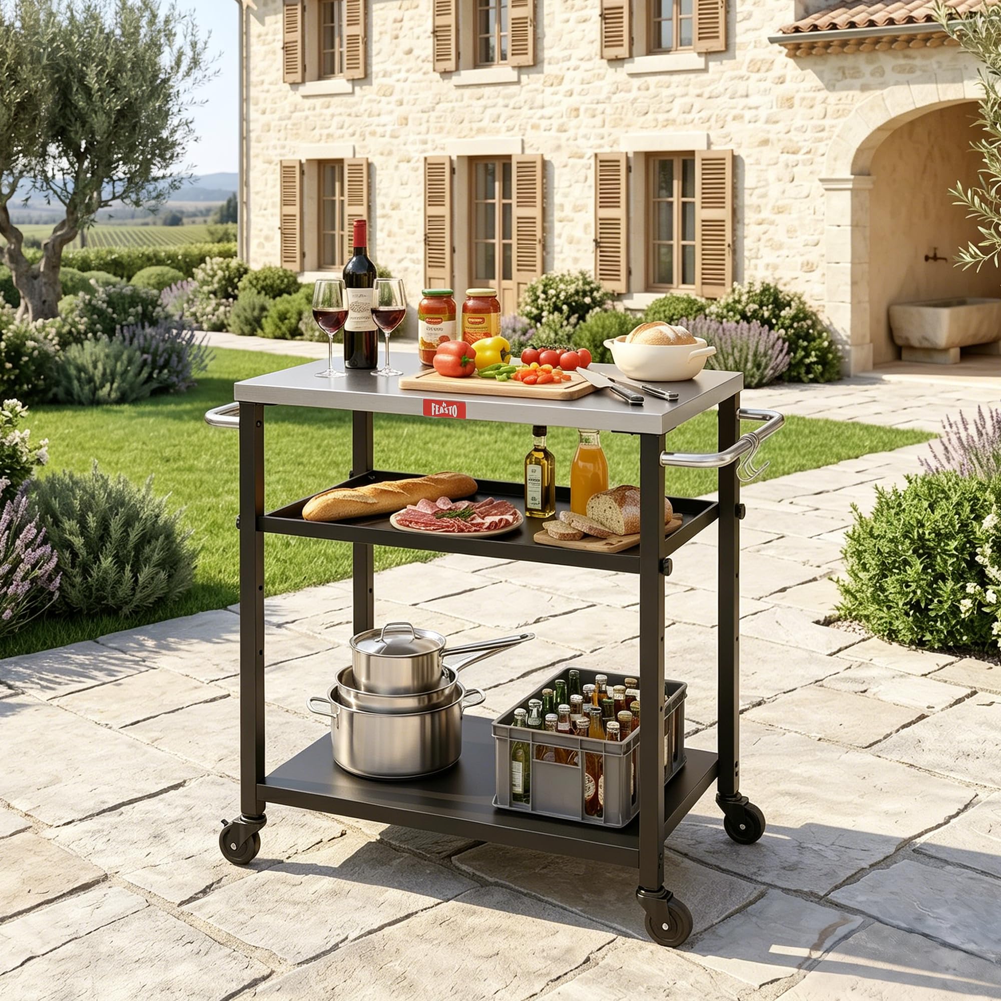 Feasto 3-Étagère Desserte de Jardin avec Plateau en Acier INOX | Chariot de Barbecue avec Étagère Centrale Réglable et 4 Roues Universelles, Idéal pour Intérieur et Éxtérieur, 87,5x41x84 cm