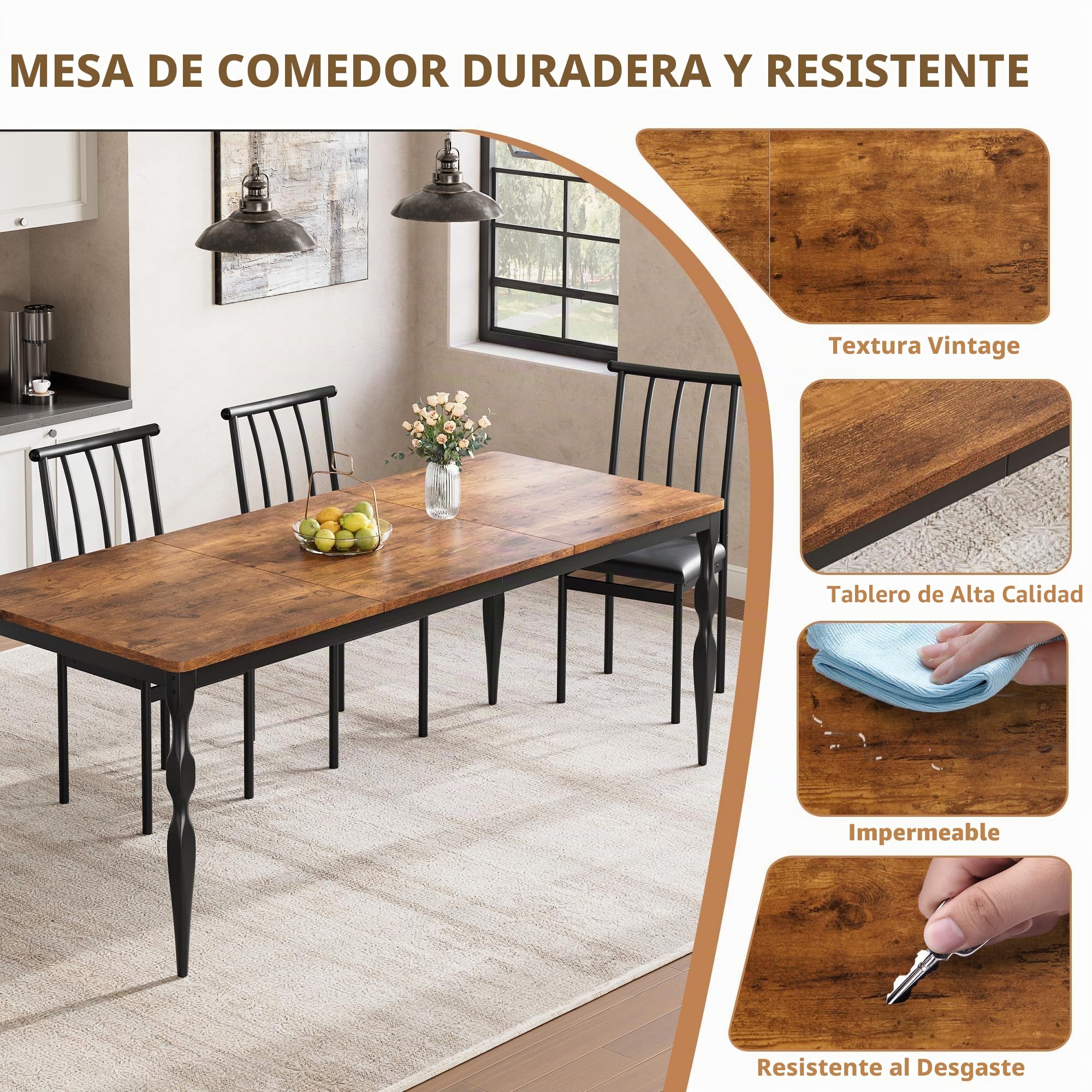 Zstar Mesa De Comedor Industrial para 6 Personas, Mesa Larga De Madera con Diseño De Mortaja y Espiga, Mesa De Cocina con Patas De Metal Resistentes, para Comedor, Oficina, Sala De Estar.
