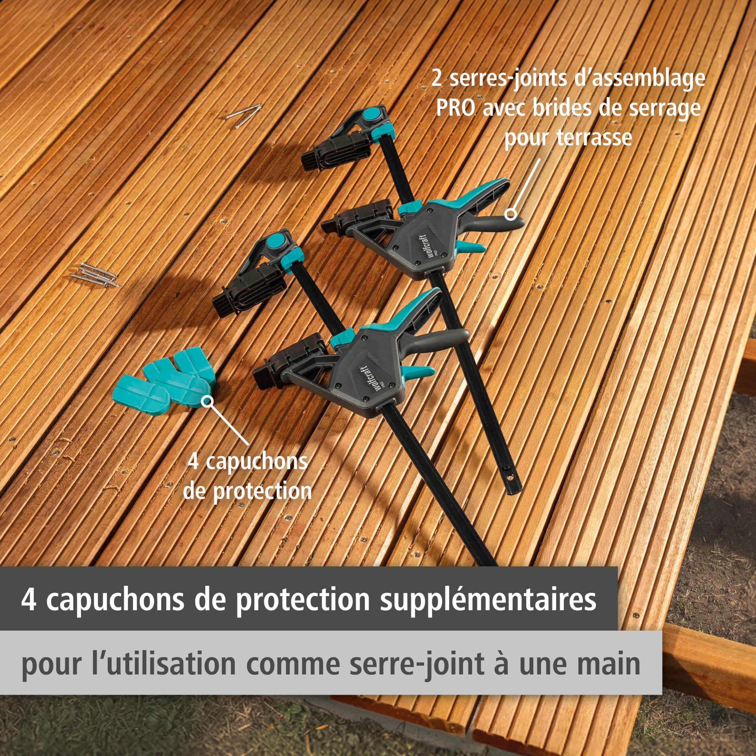 wolfcraft 2 serre-joints PRO - Pour l'alignement et la fixation précis des lames de terrasse avant et pendant le vissage - 8679060