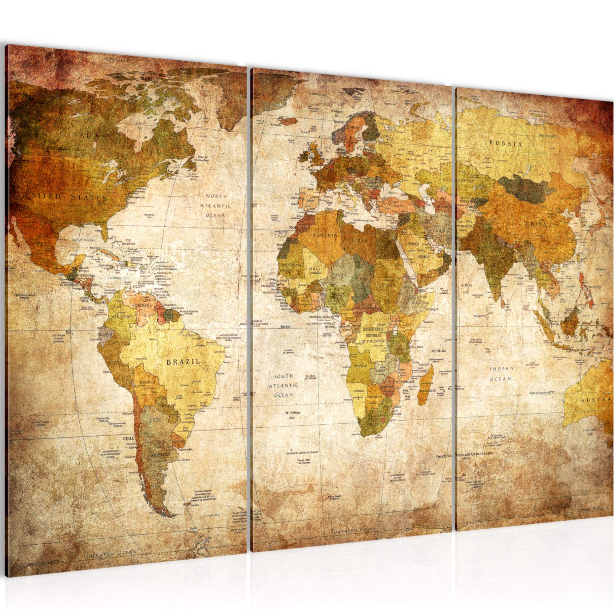 Runa Art Mapa Del Mundo Cuadro Decorativo para Sala XXL Oro Vintage Antiguo 120 x 80 cm 3 Piezas Decoración de Pared 103431a