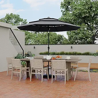9Ft 3 Tiers Market Umbrella Outdoor, 3 Tiers Heavy Duty Patio Umbrella 8 Ribs, Outdoor Market Table Umbrellas with Ventilation and Hand Crank