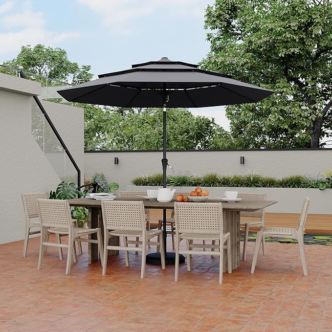 9Ft 3 Tiers Market Umbrella Outdoor, 3 Tiers Heavy Duty Patio Umbrella 8 Ribs, Outdoor Market Table Umbrellas with Ventilation and Hand Crank