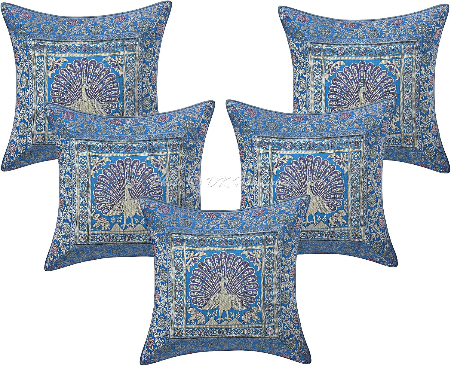 Indian Throw Pillow Covers 16 Inch Brocade Jacquard Weave Ethnic Square Peacock Cushion Covers (Size - 40x40 cm ; Color: Turquoise & Gold) - Set of 5 Pcs (Cover Only)