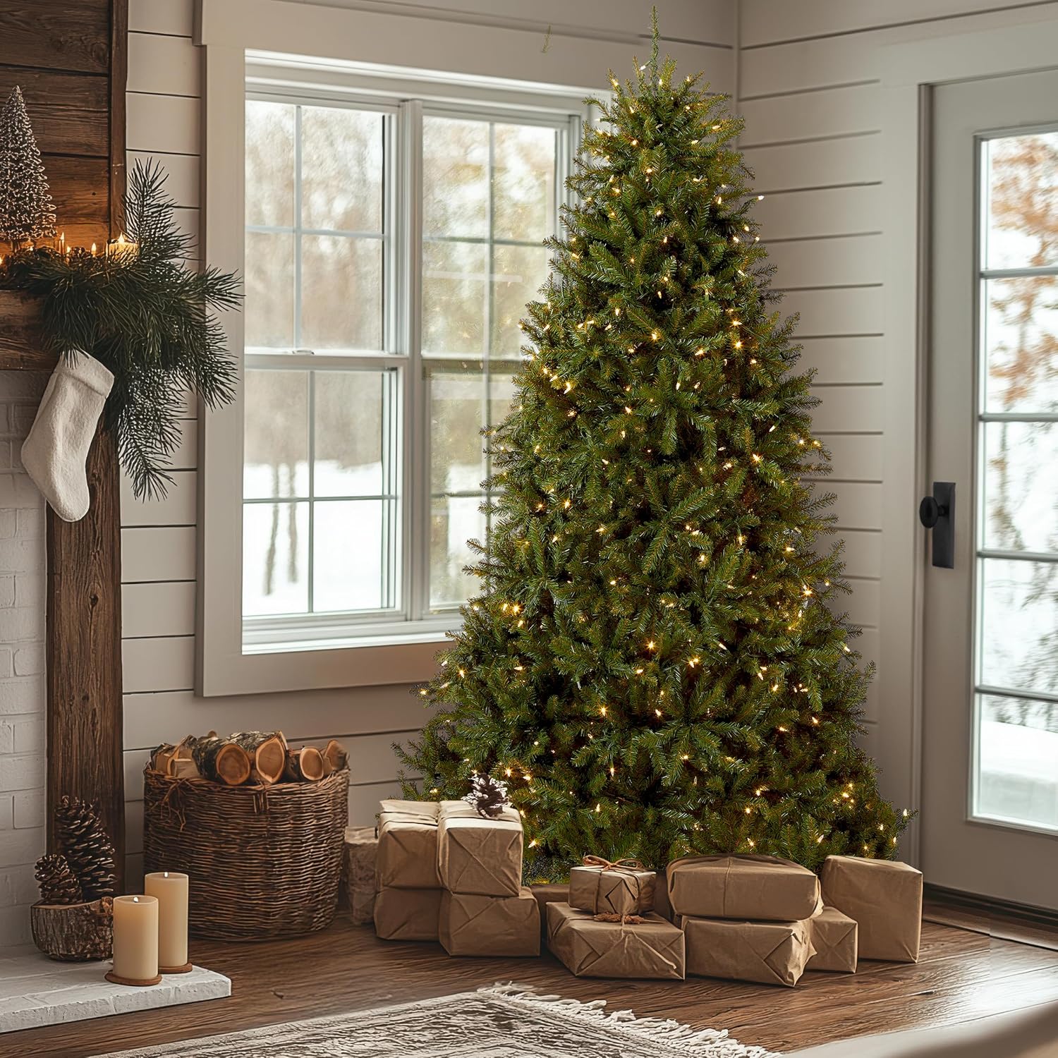 National Tree Company 7.5 ft Pre-Lit Dunhill Fir Artificial Christmas Tree, 700 LED Lights, 2,514 Tips, PowerConnect, Foot Pedal, 10 Light Functions, Includes Stand, Green 7ft 6in Christmas Tree