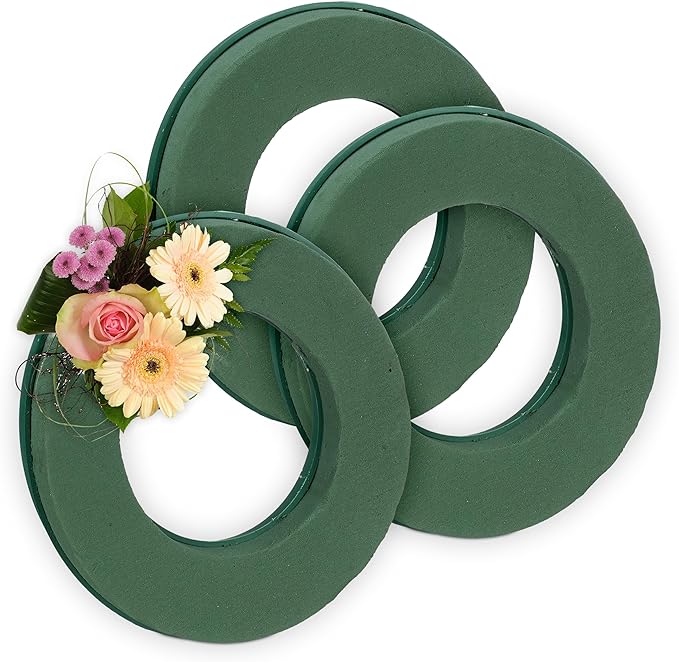 Relaxdays Steckschaum für Frischblumen, 3er Set, Ring, Ø 25 cm, Blumengesteck zum Basteln, Schaumstoff Steckkranz, grün