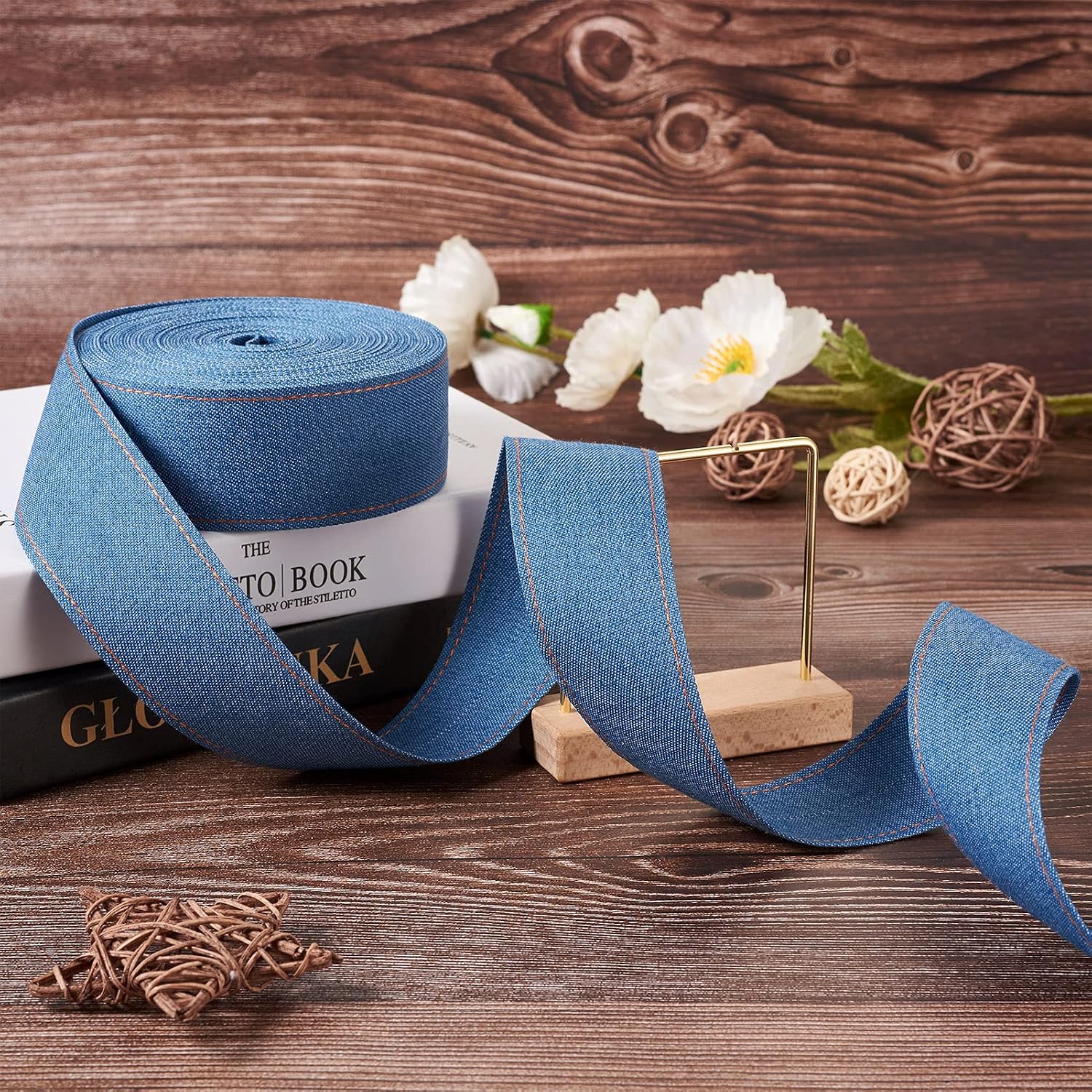 10.9 Yards 40mm Denim Cloth Jean Ribbon Wired Edge Fabric Ribbon 1-4/7 Inch Sewing Trim for DIY Craft Bow Hairclip Garment Accessories Party Wreath Floral Arrangement Gift Wrapping, Royal Blue