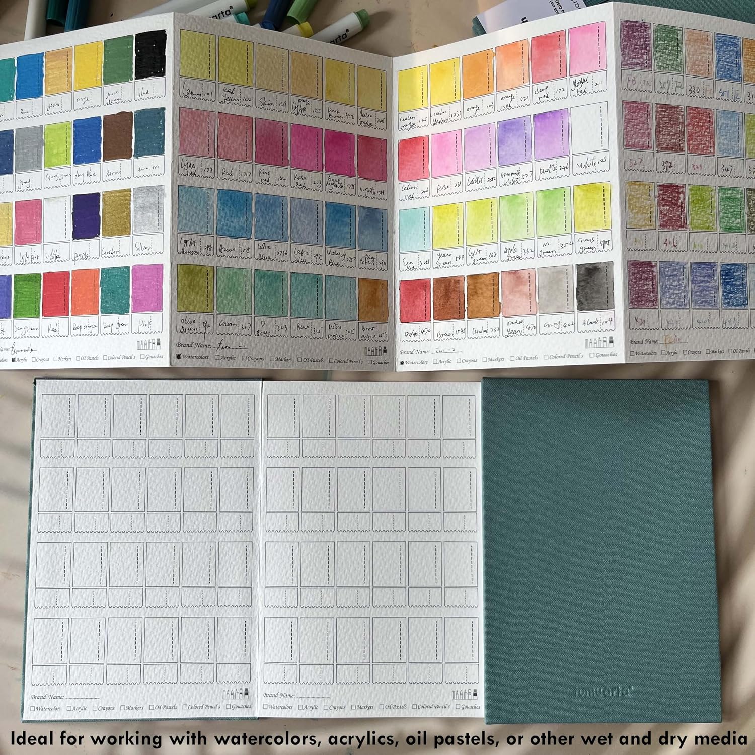 tumuarta Artist’s Color Swatch Book, 100% Cotton, 140 LB, 300GSM, Concertina Book, 24 Pan/Sheet, Painter`s Color Diary for Watercolors, Acrylic, Markers and Wet & Dry Media (7.5" x 5")