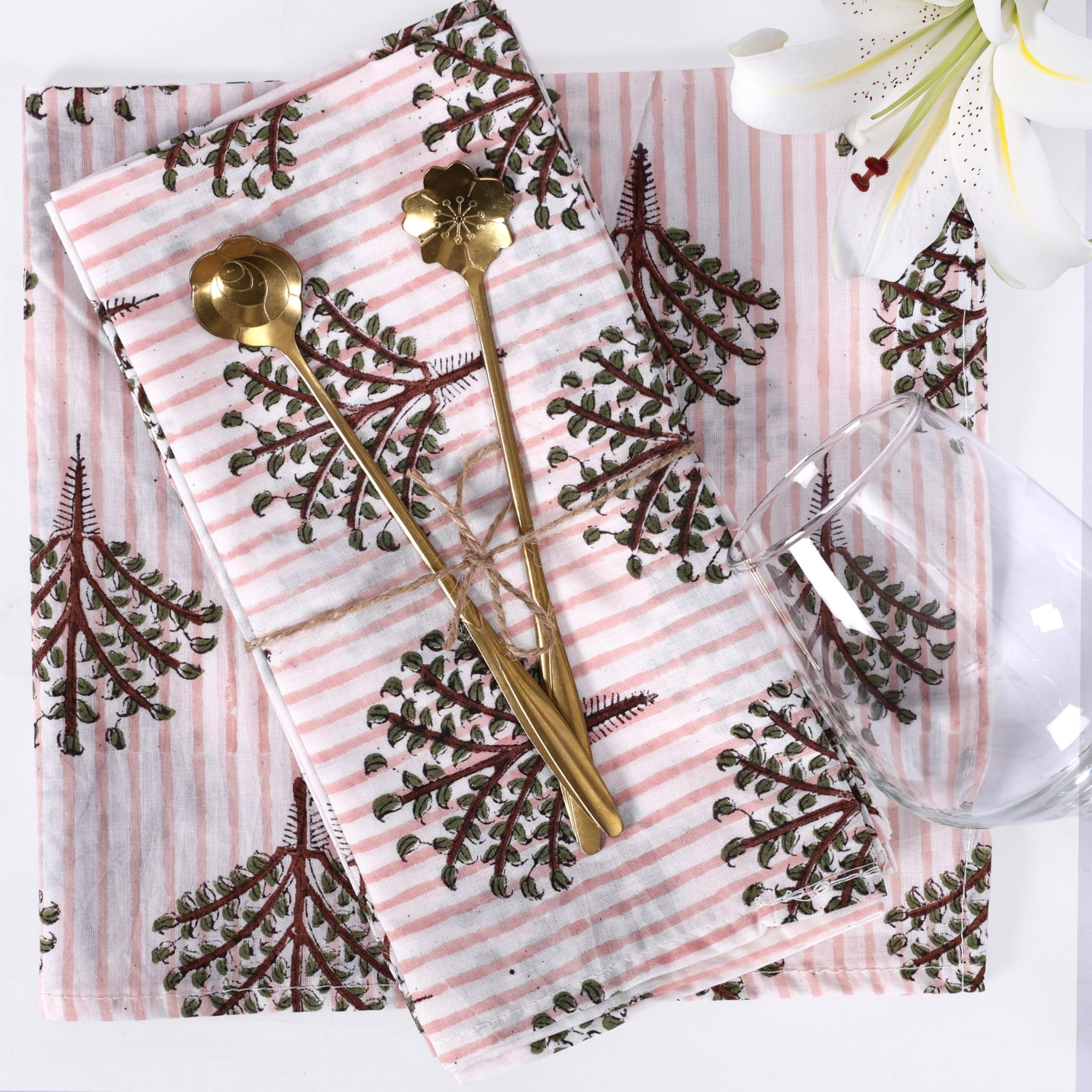 The Home Talk Handcrafted Cotton Napkins Set of 6, 18x18 Inch Reusable Cloth Dinner Napkins, Eco Friendly Handmade Indian Table Linen (Palm)