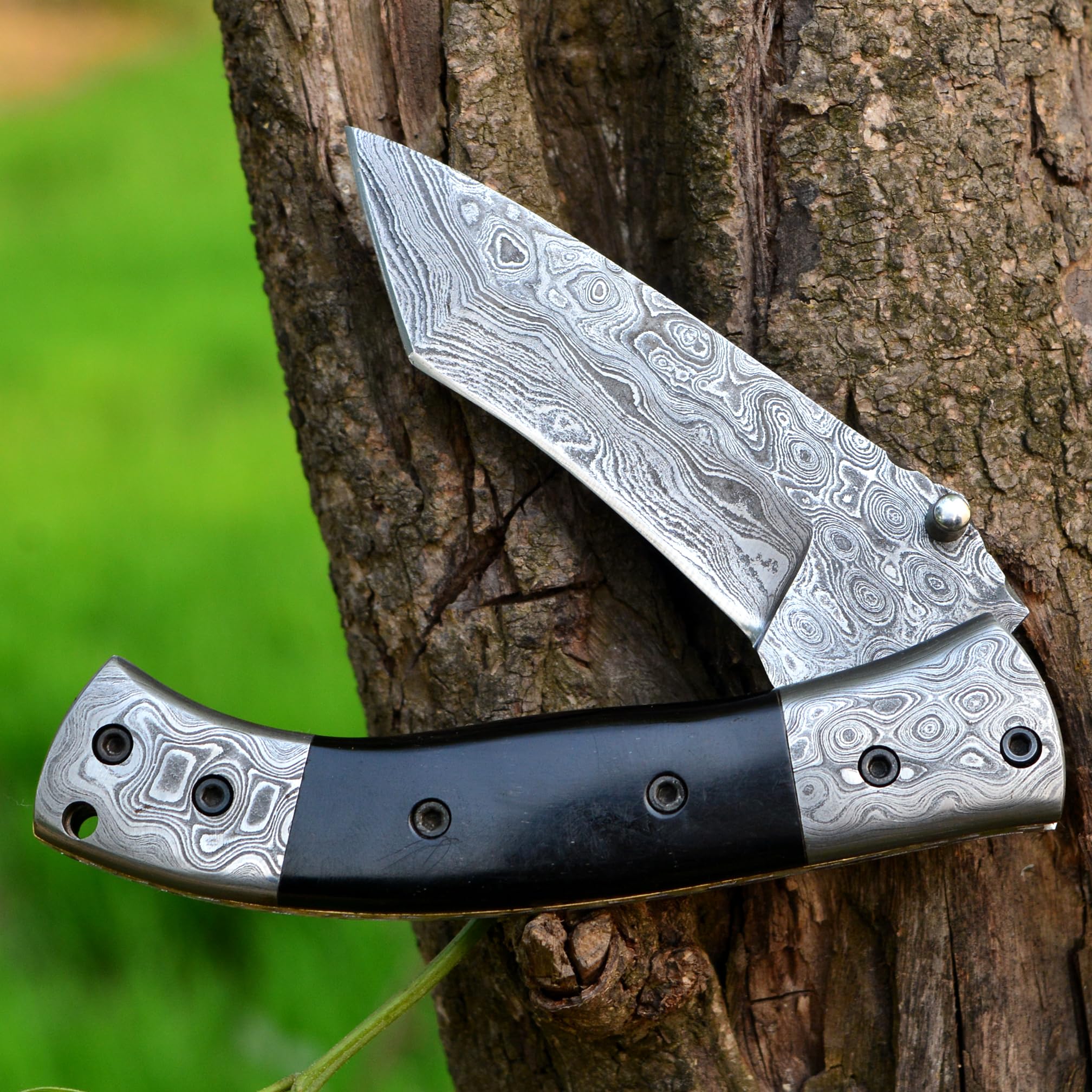 PAL 2000 KNIVES Handmade Damascus Steel 7 Inches Folding Pocket Knife - Bull Horn Handle with Sheath 3119