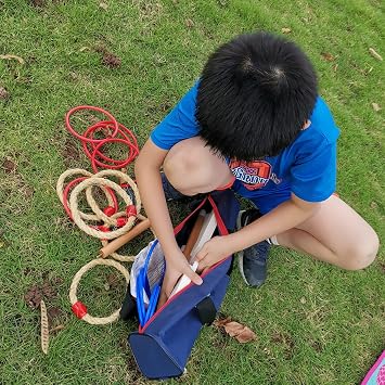 Throwing Games Ring Toss Game Wooden Quoits Throwing Tossing Game Set with Carry Bag (5 pieces rope rings + 10 pieces plastic rings