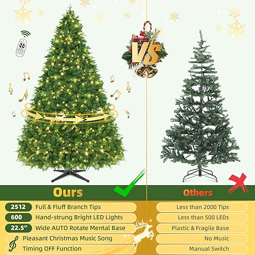 Miniatura 6 de Árbol de Navidad preiluminado de 9 pies con control remoto, árbol de Navidad artificial completo con 600 luces LED que cambian de color, 2512 puntas