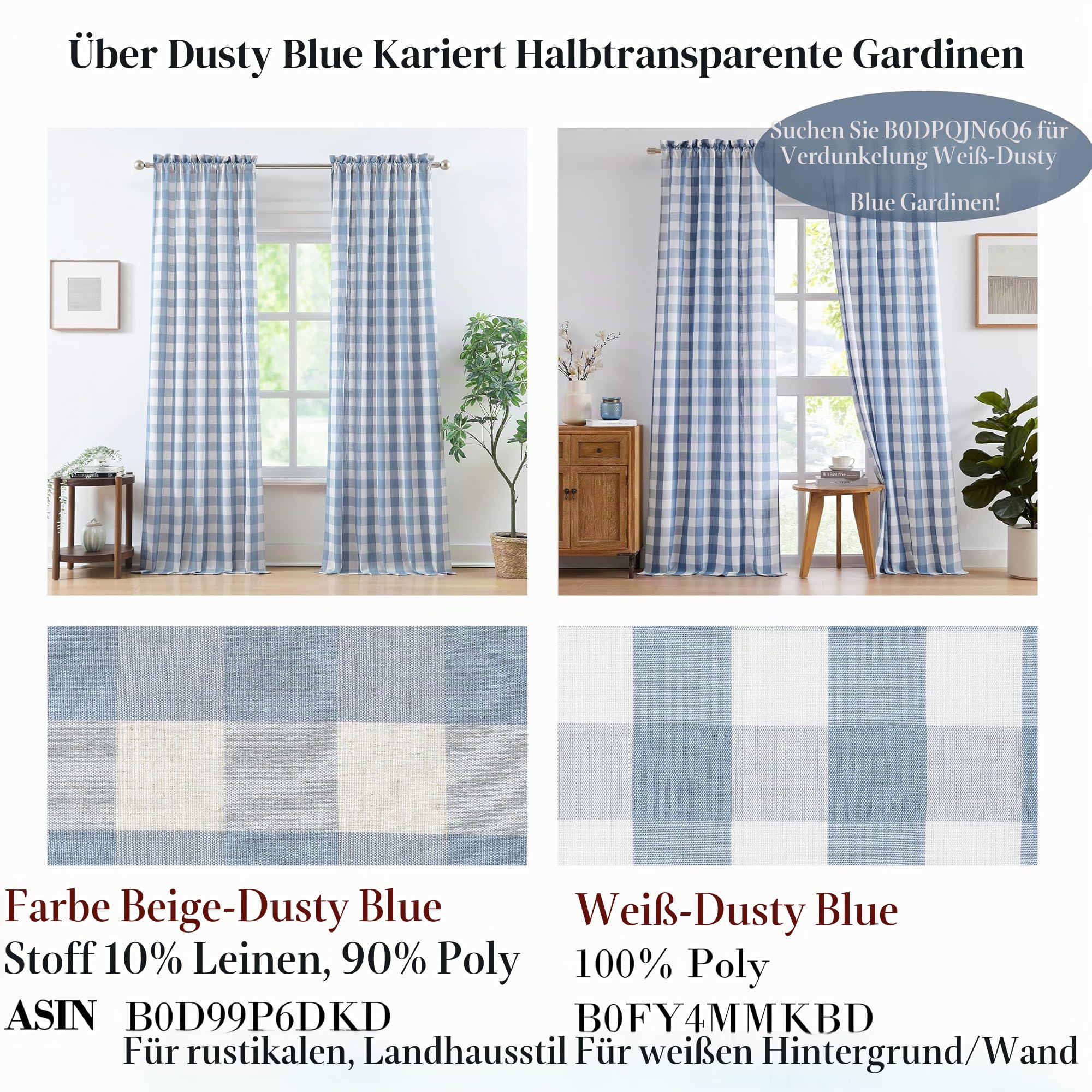 BP-CK-Blue-84RP Büffelkarierte halbtransparente Vorhänge, 213 cm lang, Leinen, staubiges blaues Büffelkaro, Vorhänge für Schlafzimmer, Wohnzimmer, Bauernhaus, Gingham-Fensterbehandlung