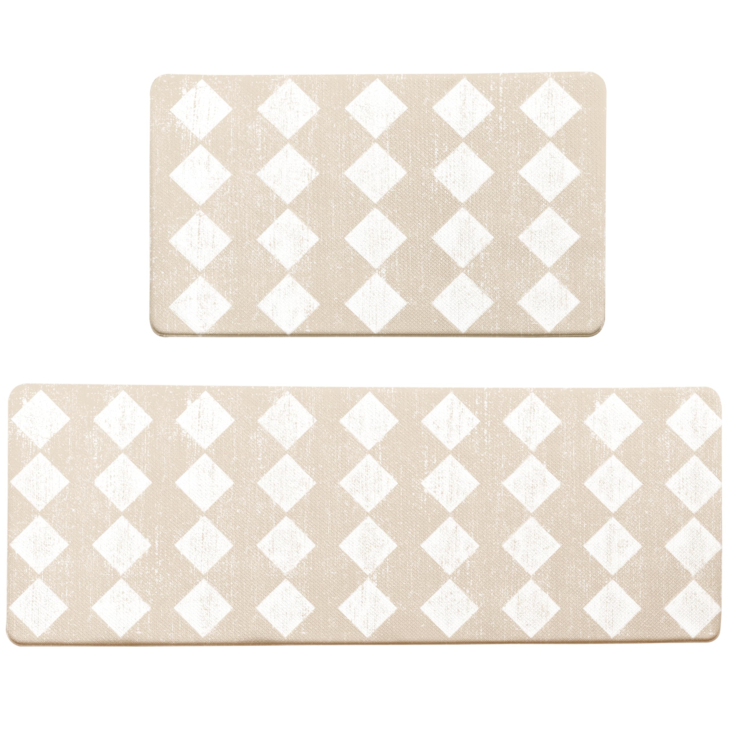 Juego de 2 alfombras de cocina a cuadros de color crema con diseño de enrejado marroquí, antifatiga, impermeables, antideslizantes, resistentes, ergonómicas, cómodas, para suelo, hogar