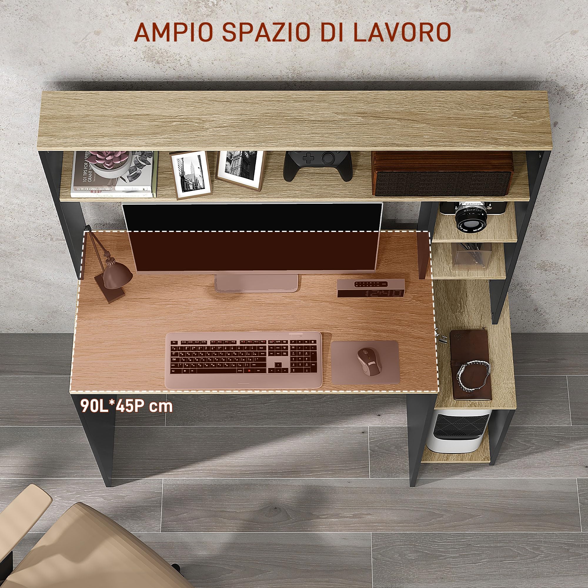HOMCOM Scrivania per Ufficio e Studio con 3 Ripiani, Scrivania in Legno con Supporto per CPU, 114x45x138cm, Grigio e Legno Naturale