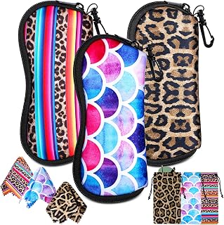 9 Pieces Sunglasses Soft Eyeglasses Case Leopard Print Pouch Animal Print Microfiber Eyeglass Cloth Light Neoprene Zipper Glasses Case with Belt Clip for Women Men Kids Adults