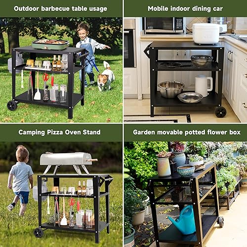 Miniatura 6 de Carrito de parrilla negro para exteriores con ruedas, mesa de preparación de barbacoa de 3 niveles resistente para horno de pizza, plancha, patio,