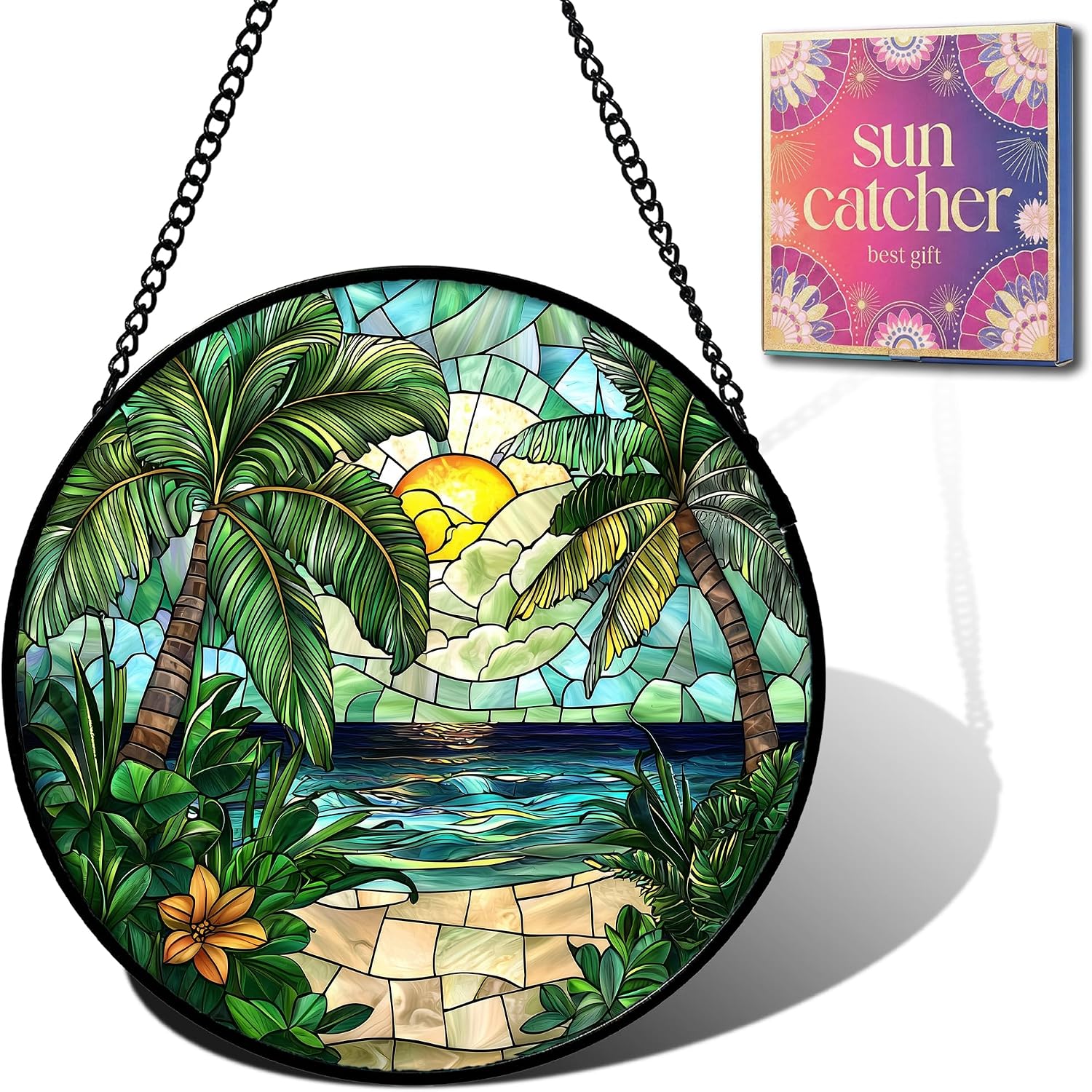Sunset Beach Acrylic Suncatcher Faux Stained Glass Window Hanging 9.8"