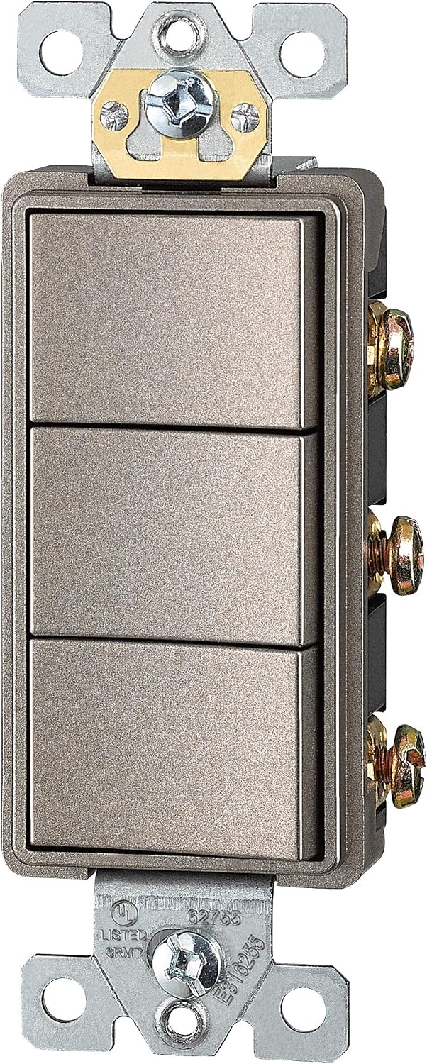 ENERLITES Triple Paddle Rocker Decorator Switch, Clamp-Type Back Insert, Copper Wires Only, Single Pole, Residential/Commercial Grade,UL Listed, 62755-NK, Nickel