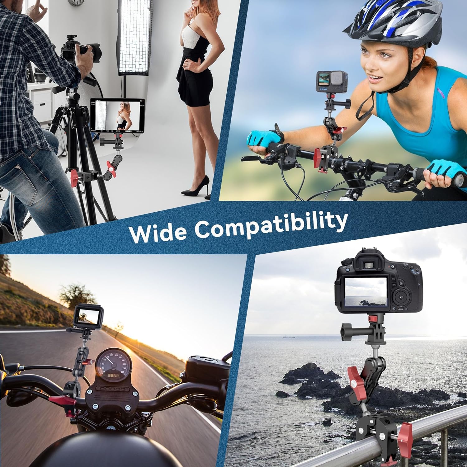 Camera Clamp Mount & 360°Ball Head Magic Arm with Adapter for Go pro, Aluminum Double Ball Head Adapters, Heavy Duty Super Clamp with 1/4"-20 & 3/8"-16 Thread (with 1/4" Conversion Adapter)-SJ009