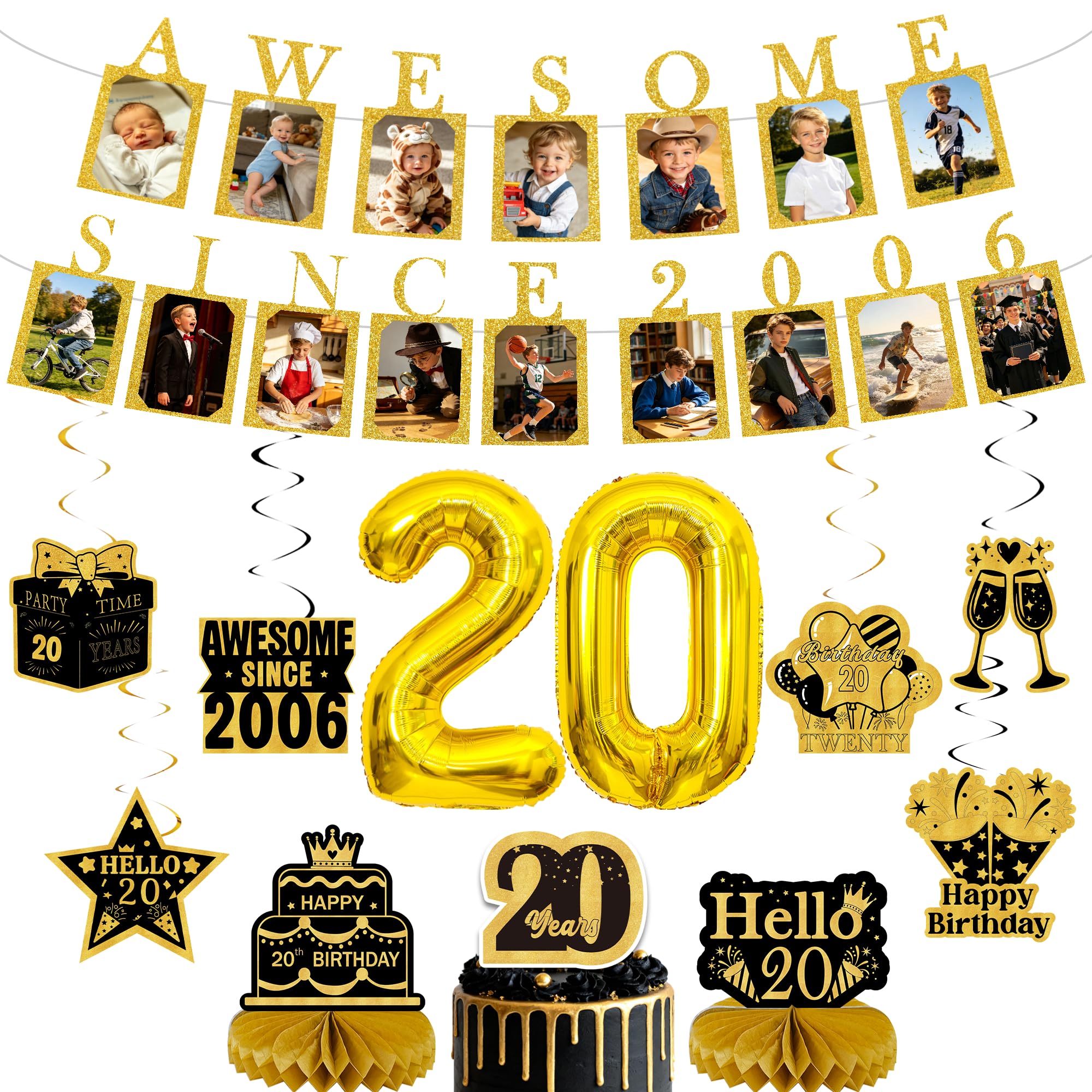 Happy 20th Birthday Banner Decorations, Gold Photo Banners Set