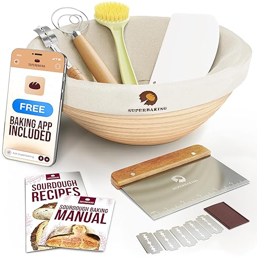 Superbaking Banneton Bread Proofing Basket Set, Round 9" Sourdough Proofing Basket for Bread Making Tools Supplies, Banneton Basket Sourdough Bread Baking Supplies, Artisan Bread Kit, Gifts for Bakers