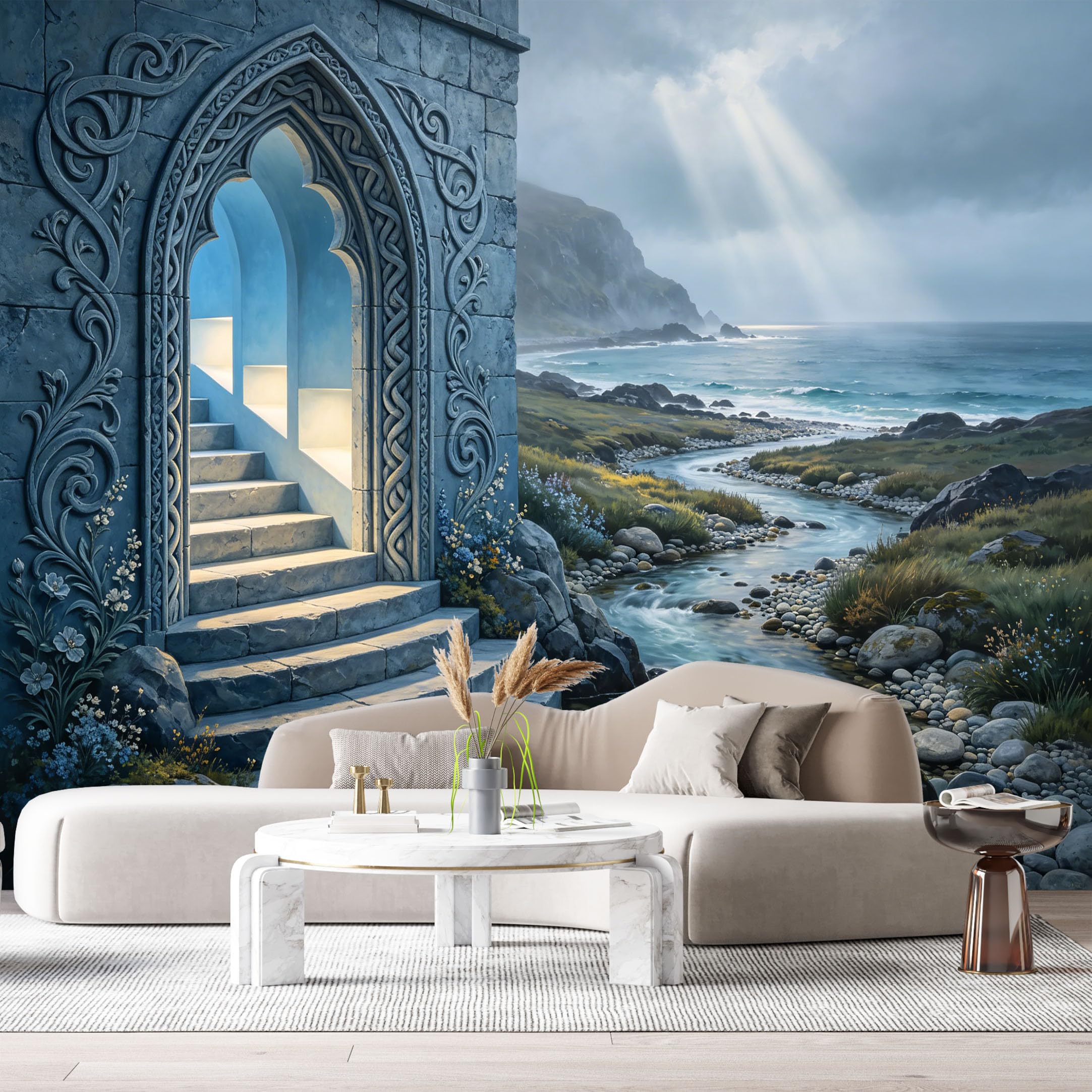 Custom Size Wall Murals Fantasy Medieval Architecture Coastal Landscape Oil Painting 3D Trompe L'Oeil SelfAdhesiveWall Fabric Removable Wallpaper Wall Decor for Living Room Bedroom Bathroom