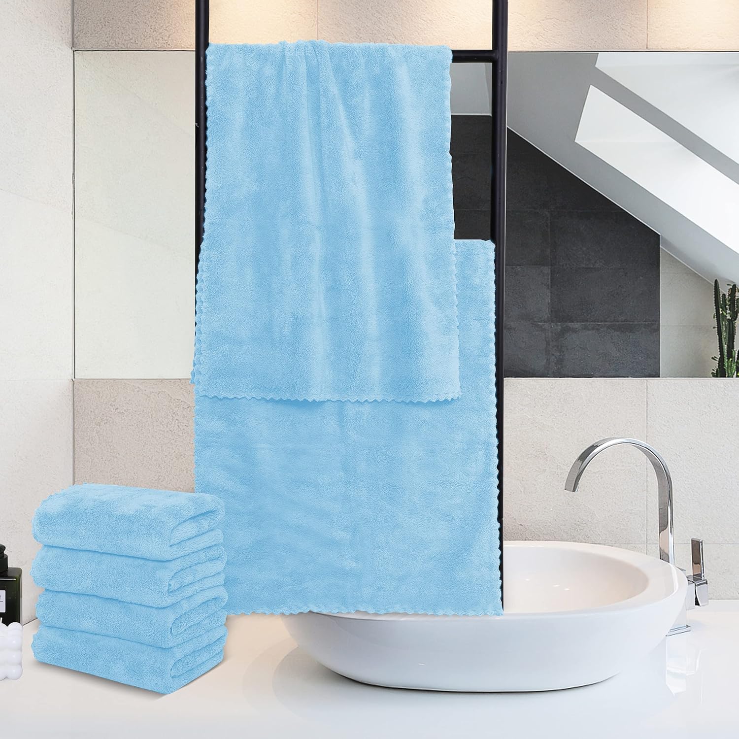 MOONQUEEN 6 Pack Premium Hand Towels - Quick Drying - Microfiber Coral Velvet Highly Absorbent Towels - Multipurpose Use as Hotel, Bathroom, Shower, Spa, Hand Towel 16 x 28 inches (Aquamarine) - Image 3